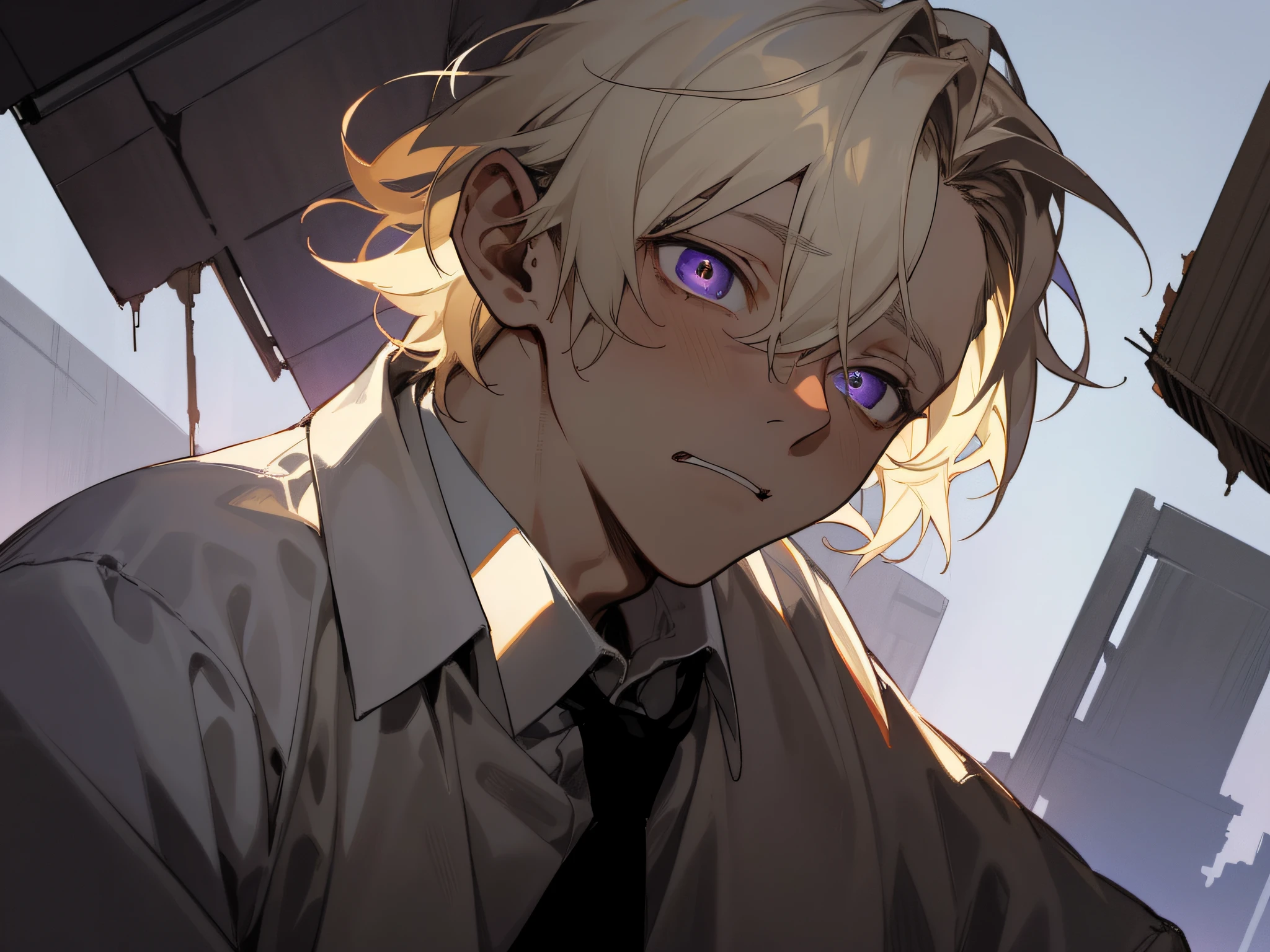 23 year old male,1 boy、a blond、tie and shirt,Eyes are purple、Depression,skin tone brown color,From below,Angle from below,Sad,a scared look,Dimly lit ruins in the background,up on the face