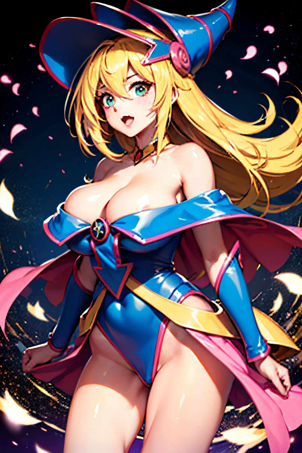 (Obra maestra:1.2), (La mejor calidad:1.2), Perfect lighting, Chica Maga Oscura lanzando un hechizo, flotando en el aire, tetas grandes, escote, fondo de magia. Corazones transparente en el hambiente, blue robe, sombrero grande, desde arriba, Destellos, Yugioh Card en el fondo