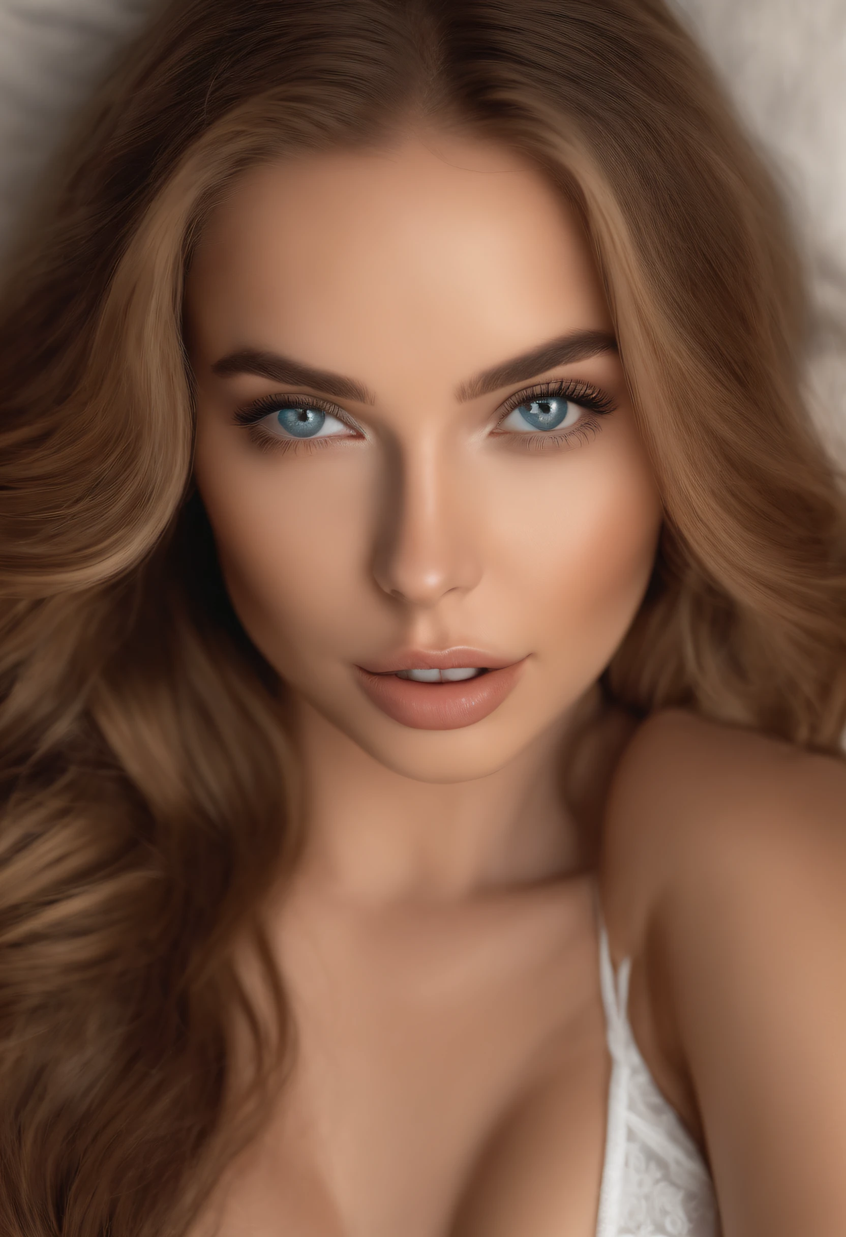 Arafed Full Woman, young, Sexy Girl with Blue Eyes, , Ultra Realistic, Meticulously Detailed, Portrait of Sophie Mudd, Blonde Hair and Big Eyes, Selfie of a Young Woman, Bedroom Eyes, Violet Myers, No Makeup, Natural Makeup, Looking Directly at the Camera, face artgram, subtle make-up, Impressive photo of the whole body kneeling on the bed, In the bedroom, Medium and large size chest, allowing the face to be seen clearly, portrait, with white thighs shorts and white bra, Cameltoe,