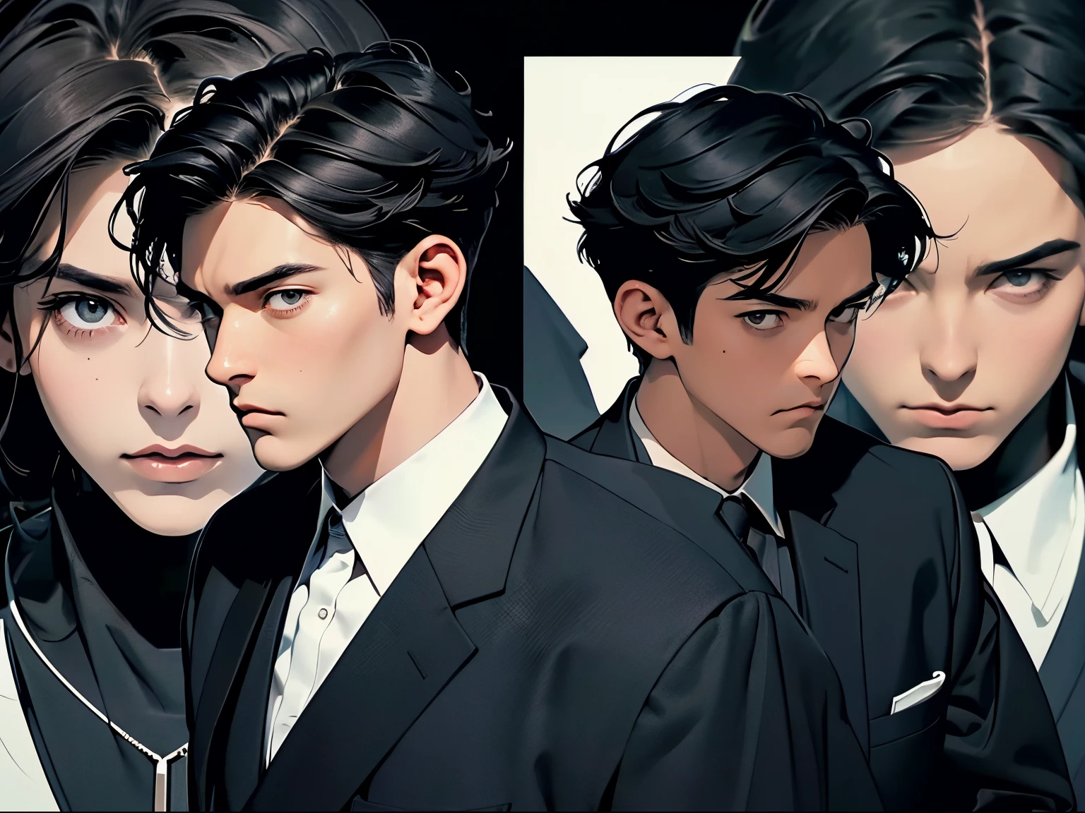 (Close-up of 1 man), (adult male), (35 years old), (Handsome face), (There is complete facial detail.), (short black hair with bangs), (Serious expression.), (Wear a dark blue work suit.), (Line art), (Clear 8K images), (Sharp focus on the face), (Complete hand, 5 fingers complete.), (Two complete feet), (translucent background), ((Character concept art)), ((Character design sheet, Same character., Front, side, back))