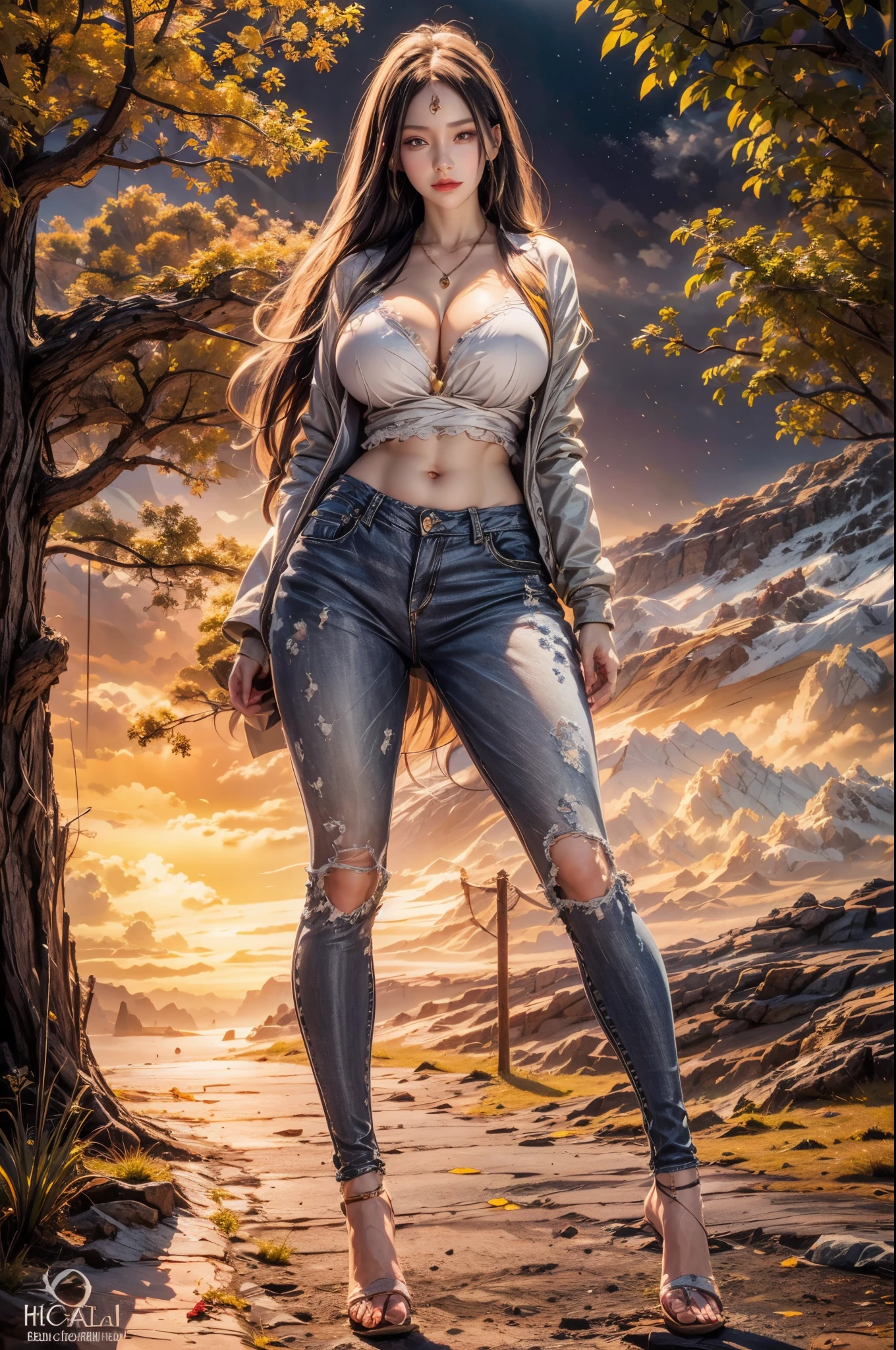 realistic, 1 women, best quality, 12k, HD, long hair, big round breasts, cleavage, ponytail, necklace, jewelry, shorts, short jacket, slim hips, hair tie, yellow eyes, black hair, super detailed, Eye details, hair details, person details, mouth details, face details, breast details, clothes details, hair details, pants details, hand details, whole body