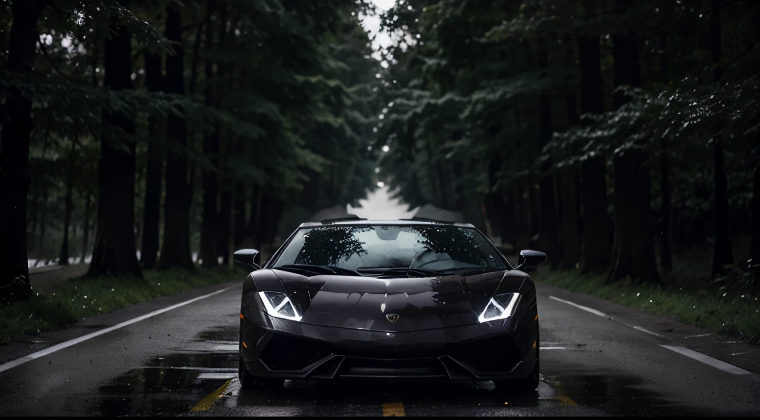 lamborghini gallardo riding on wet road in foggy dark forest, only 1 car