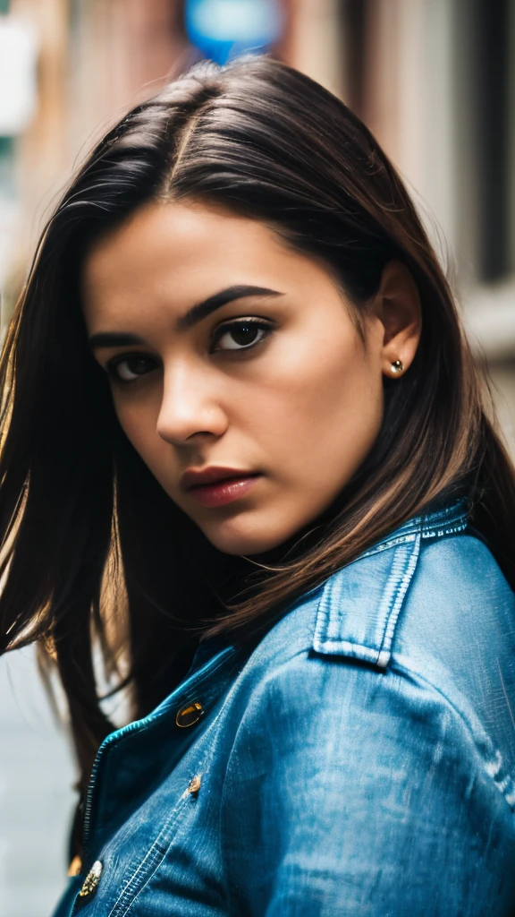 (black riders jacket:1.1), (masterpiece, best quality, pretty woman, beautiful face, 8k, raw photo, photorealistic, absurdres:1.2), woman, cowboy shot, dutch angle, facelight, film grain, chromatic aberration, highres, ultra detailed, finely detail, light blue frilled lace dress, detailed skin and eyes and face, sharp pupils, realistic pupils, sharp focus, street