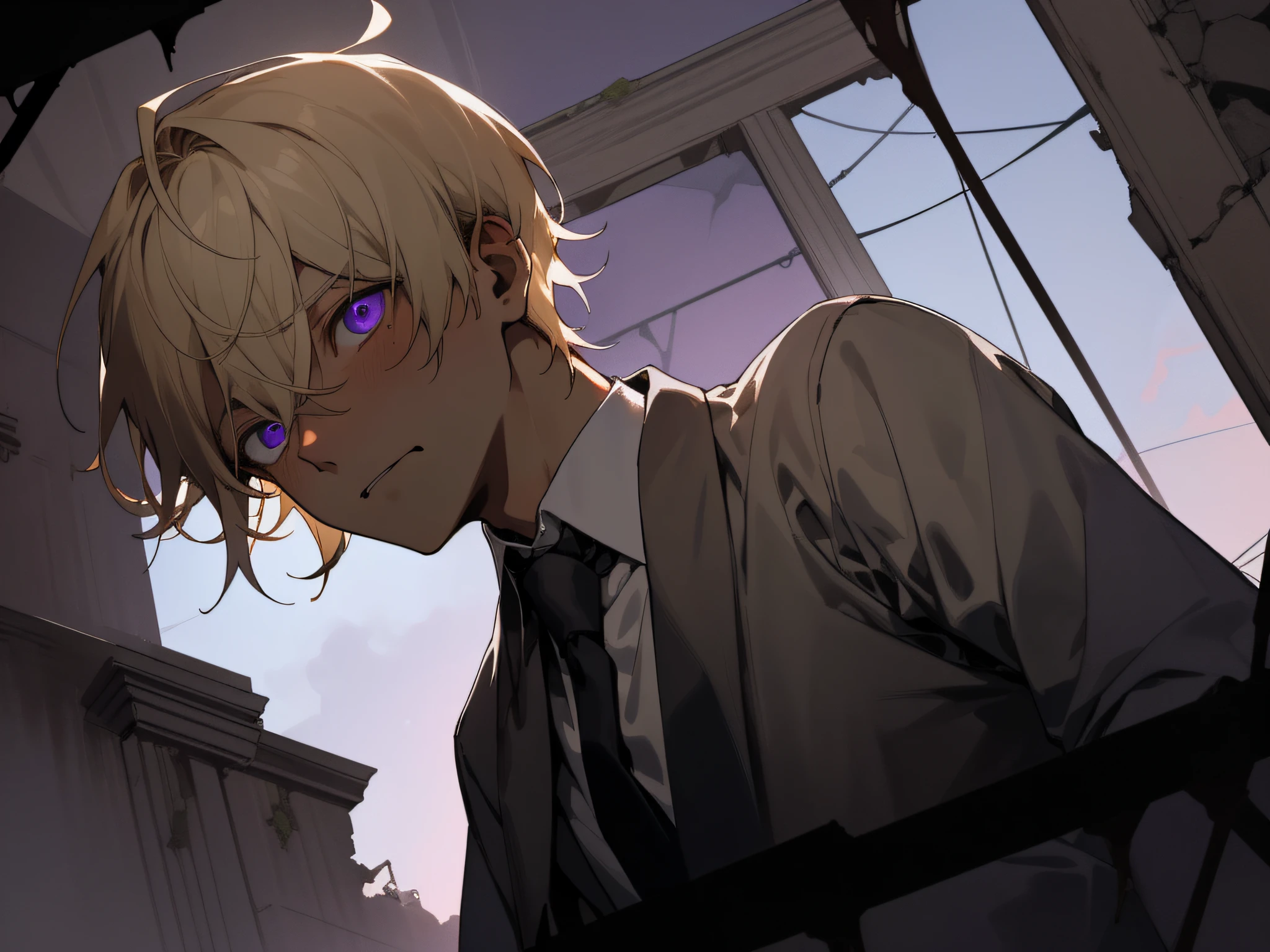 23 year old male,1 boy、a blond、tie and shirt,Eyes are purple、Depression,skin tone brown color,From below,Angle from below,Sad,a scared look,Dimly lit ruins in the background,up on the face