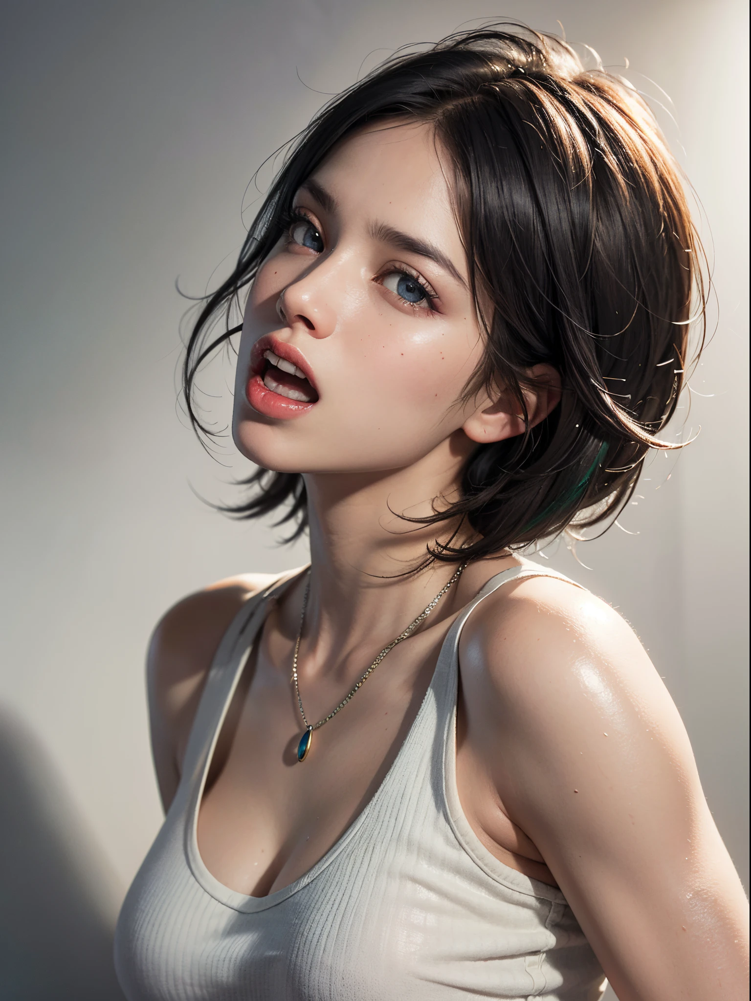 (best quality, 4k, 8k, high-res, masterpiece:1.2), ultra-detailed, (realistic, photorealistic, photo-realistic:1.37), (beautiful detailed eyes, beautiful detailed lips, extremely detailed eyes and face), studio lighting, physically-based rendering, vivid colors, (two-tone color, black & white), (tank top), (portrait, bob cut, shiny hair, shiny skin), (blurred background), (tilt your head to the side:1.5), (scream:1.5),