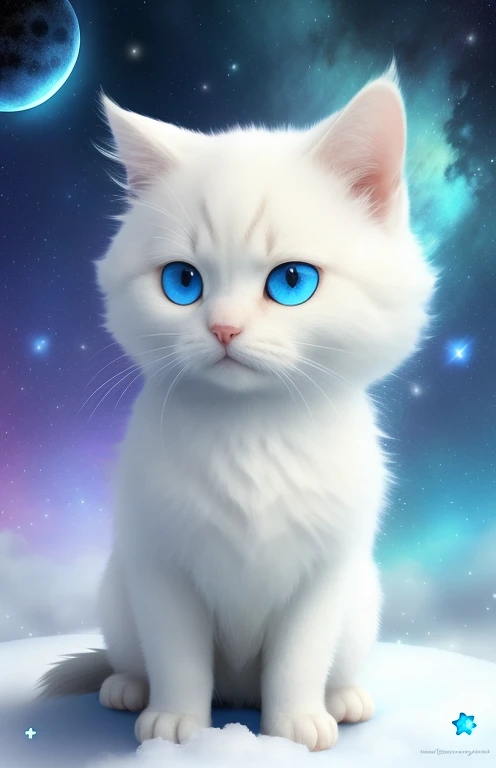 cute kitten, white wool, A fluffy, big blue eyes ,Four paws. Masterpiece, (Best Quality: 1.2), (super fine: 1.2), illustartion, (extremely delicate and beautiful: 1.2), Film angle, Floating, (Beautiful eye detail: 1.1), (Detail Light: 1.1), Film lights, Gentle Sky, The woman, white colored hair, blue eyes, (high ponytail: 1.1), cloak, glowing eyes, (luna: 1.2), (moon light: 1.1), Starry sky, (light particles: 1.1), mist , Painting with snow, drawing, blooming