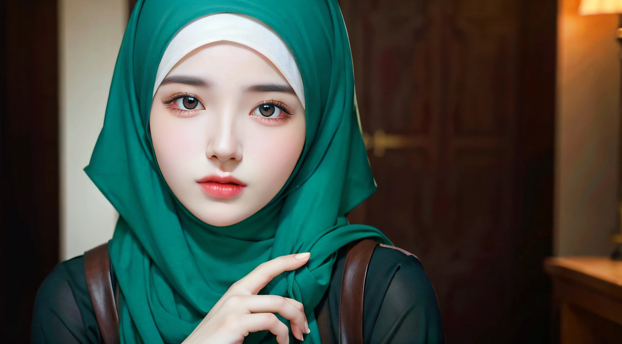 best quality, masterpiece, highres, (moslem female dress:1.4), necklace, Beautiful face, (upon body from head to waist:1.37), tyndall effect, photorealistic, dark studio, rim lighting, two tone lighting, 8k uhd, dslr, soft lighting, high quality, volumetric lighting, candid, Photograph, high resolution, 4k, 8k, Bokeh, (hyperrealistic girl), (illustration), (high resolution), (extremely detailed), (best illustration), (beautiful detailed eyes), (best quality), (ultra-detailed), (masterpiece), (wallpaper), (photorealistic), (natural light), (rim lighting), (detailed face), (high detailed realistic skin texture), (anatomically correct), (solo), (1 girl), (heterochromic eyes), (detailed eyes), (sparkling eyes), (long legs), (dynamic pose), (concentrated expression), (wearing hijab:1.4), (moslem headscarf:1.37), reading glasses.