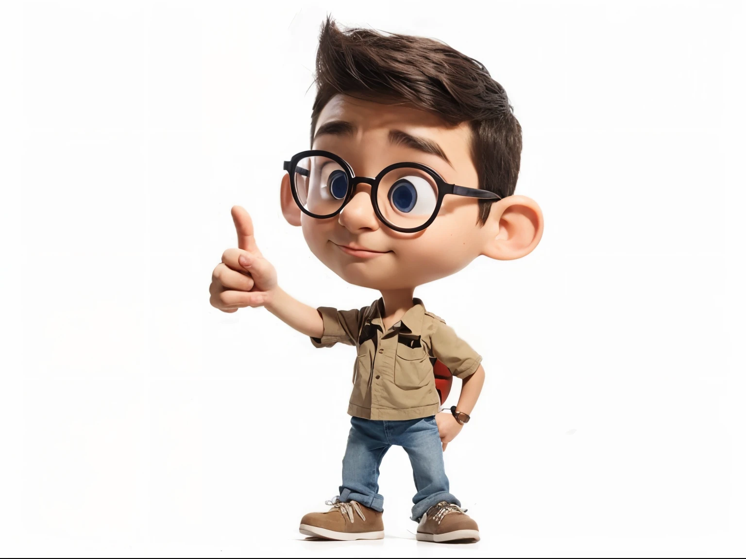 full body image of realistic 3D caricature, a 2 year old , wearing a blue shirt, orange bow tie, gray jeans, orange and blue sneakers, orange suspenders, blue and orange newsboy cap, glasses with orange frames smiling face, white background.