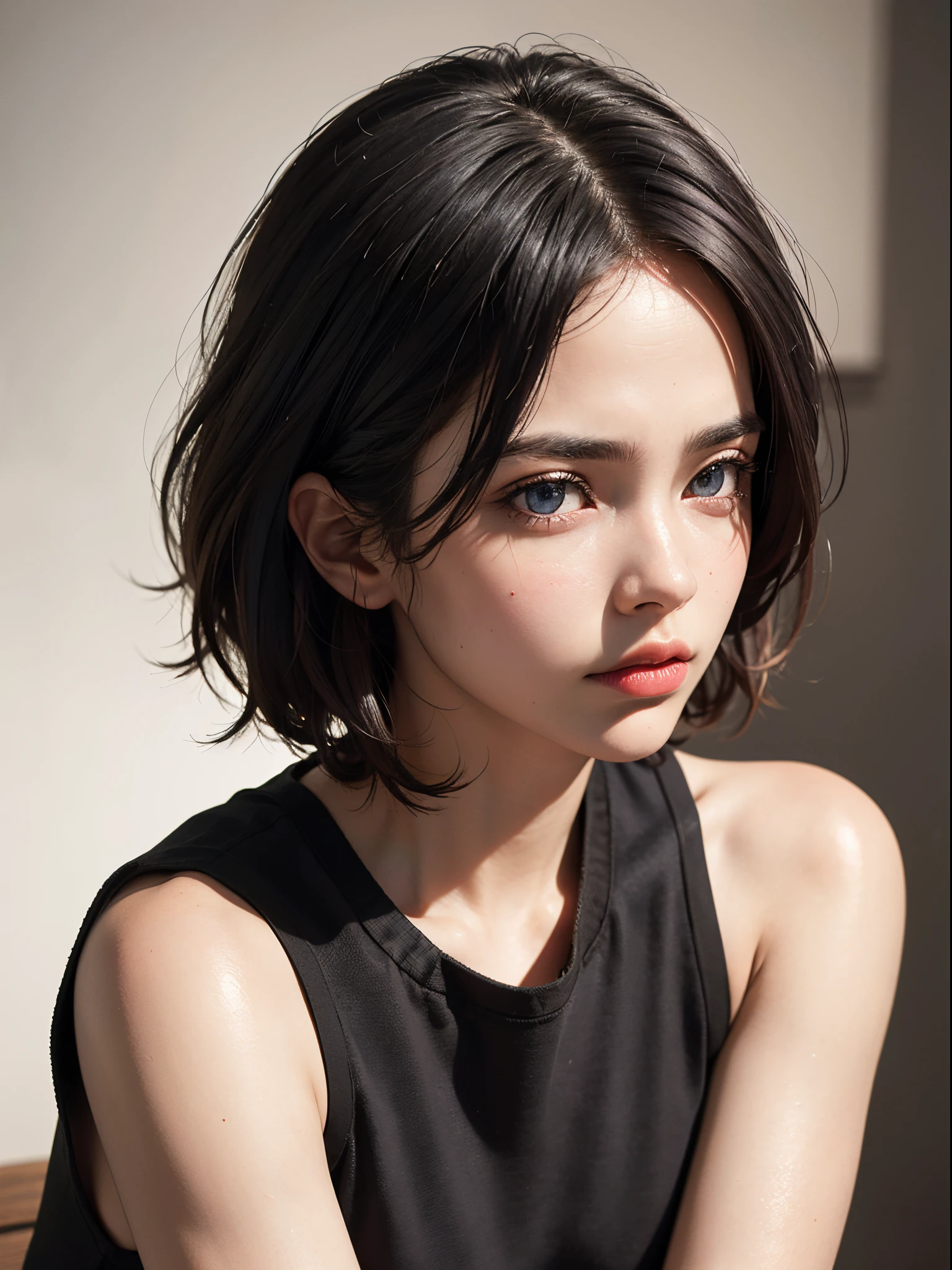 (best quality, 4k, 8k, high-res, masterpiece:1.2), ultra-detailed, (realistic, photorealistic, photo-realistic:1.37), (beautiful detailed eyes, beautiful detailed lips, extremely detailed eyes and face), studio lighting, physically-based rendering, vivid colors, (two-tone color, black & white), (tank top), (portrait, bob cut, shiny hair, shiny skin), (blurred background), (tilt your head to the side:1.5), (look of dejection),