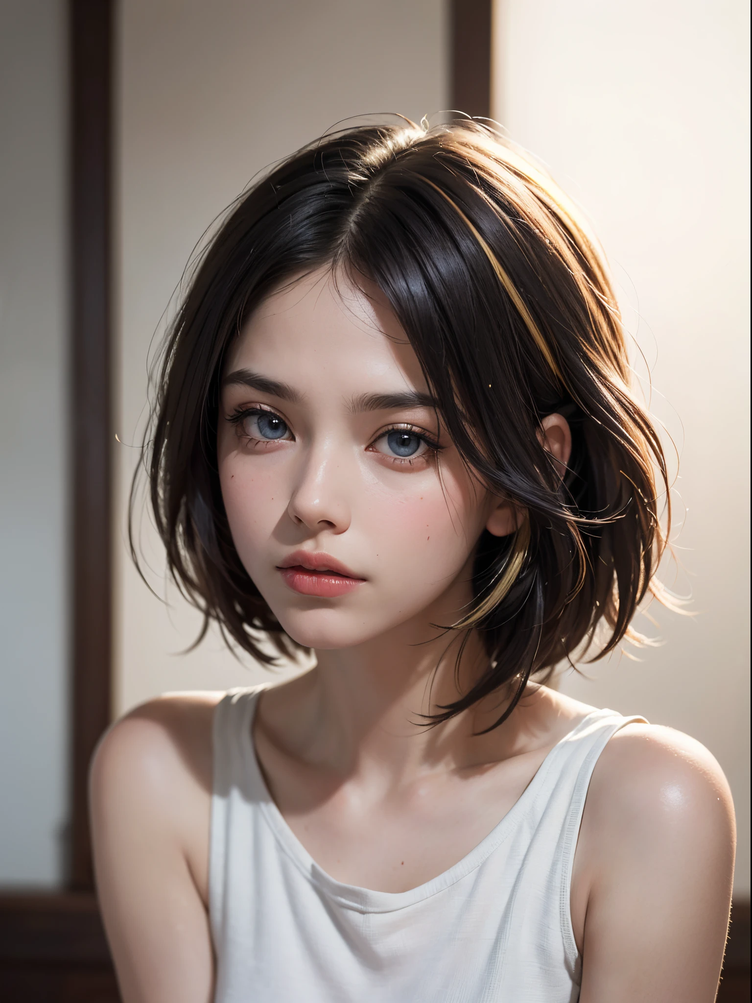 (best quality, 4k, 8k, high-res, masterpiece:1.2), ultra-detailed, (realistic, photorealistic, photo-realistic:1.37), (beautiful detailed eyes, beautiful detailed lips, extremely detailed eyes and face), studio lighting, physically-based rendering, vivid colors, (two-tone color, black & white), (tank top), (portrait, bob cut, shiny hair, shiny skin), (blurred background), (tilt your head to the side:1.5), (look of dejection),