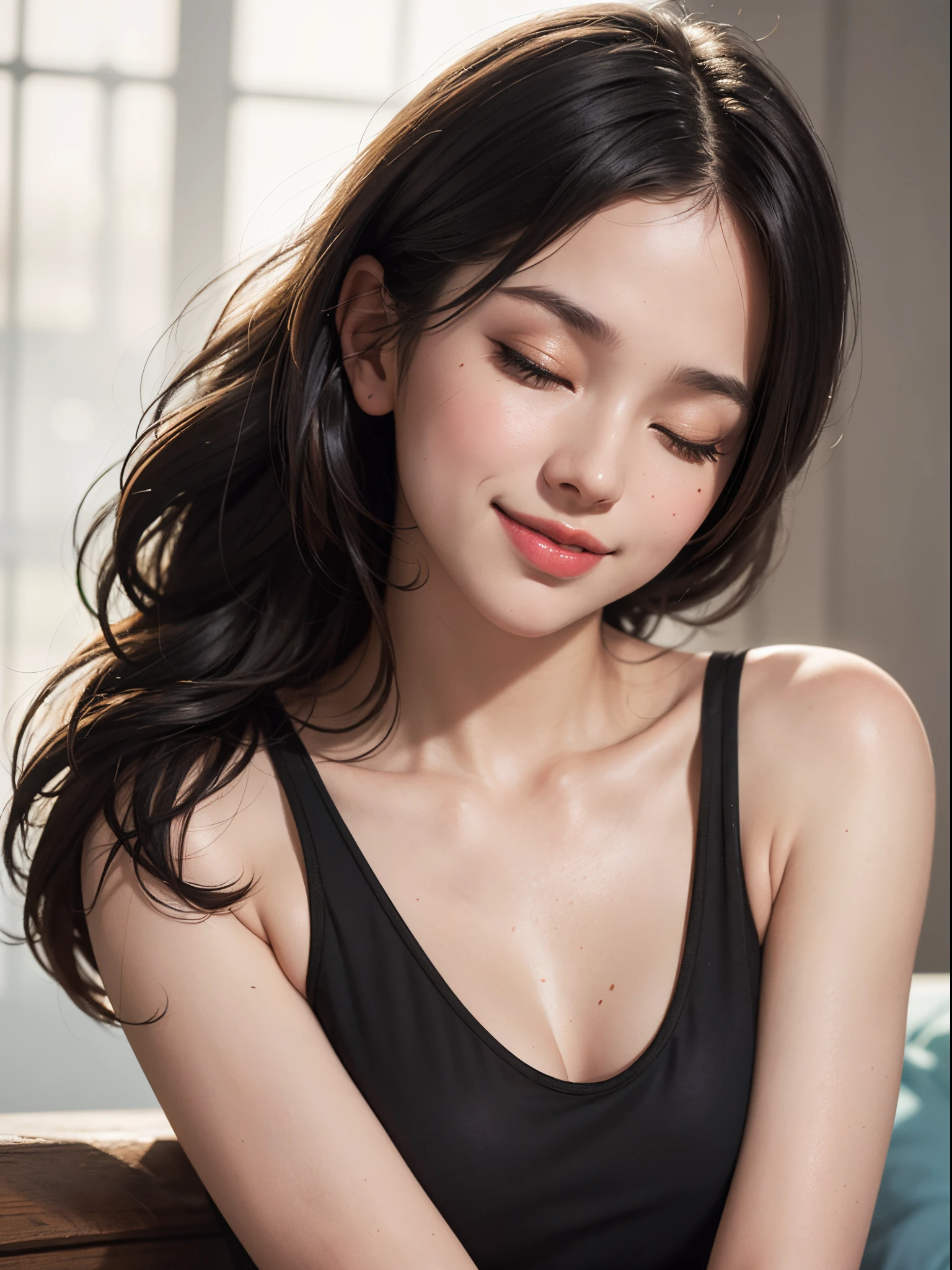 (best quality, 4k, 8k, high-res, masterpiece:1.2), ultra-detailed, (realistic, photorealistic, photo-realistic:1.37), (beautiful detailed eyes, beautiful detailed lips, extremely detailed eyes and face), studio lighting, physically-based rendering, vivid colors, (two-tone color, black & white), (tank top), (portrait, bob cut, shiny hair, shiny skin), (blurred background), (tilt your head to the side:1.5), (smile with eyes closed),
