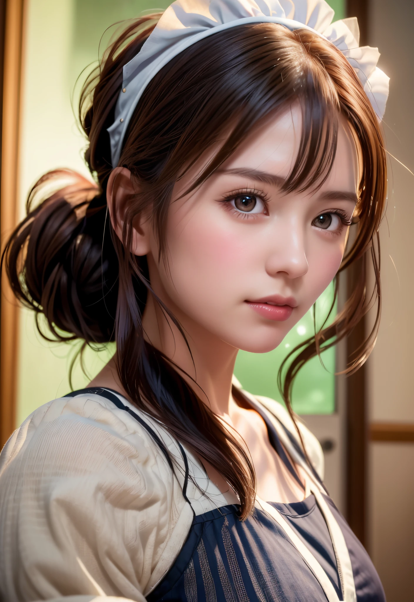 8K, of the highest quality, masutepiece:1.2), (Realistic, Photorealsitic:1.37), of the highest quality, masutepiece, Beautiful young woman, Pensive expression,、A charming、and an inviting look, Cute Maid Clothes, Hair tied back, Cinematic background, Light skin tone