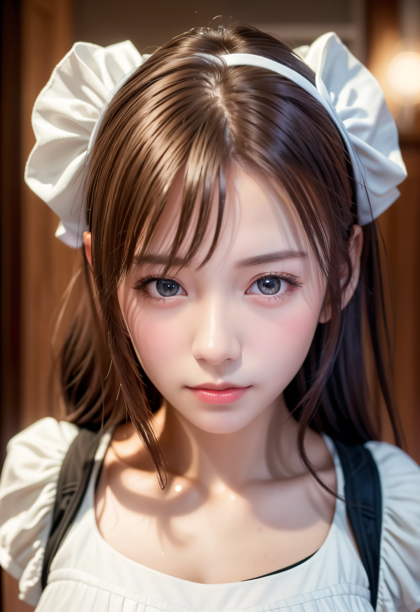 8K, of the highest quality, masutepiece:1.2), (Realistic, Photorealsitic:1.37), of the highest quality, masutepiece, Beautiful young woman, Pensive expression,、A charming、and an inviting look, Cute Maid Clothes, Hair tied back, Cinematic background, Light skin tone