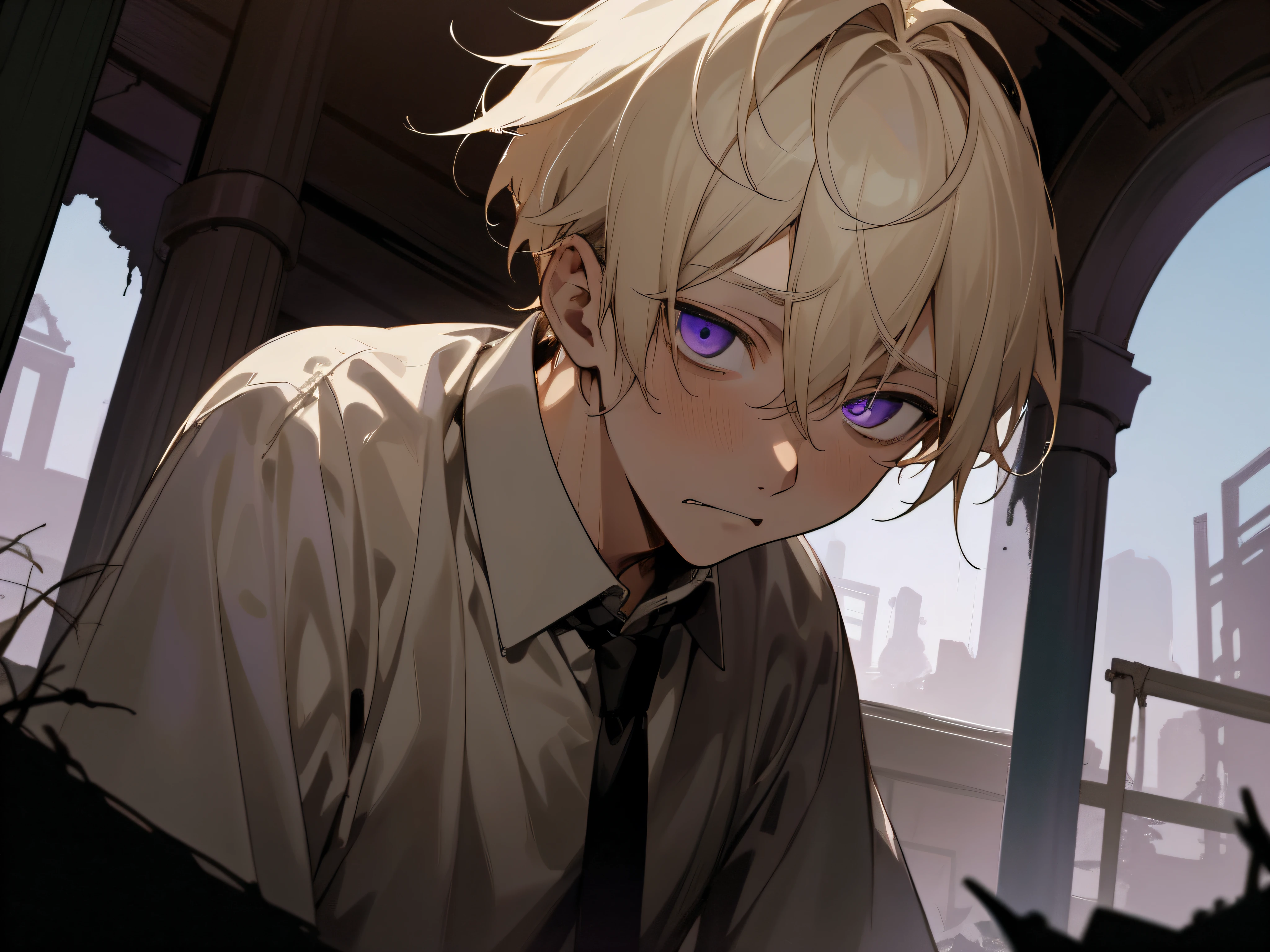 23 year old male,1 boy、a blond、tie and shirt,Eyes are purple、Depression,skin tone brown color,From below,Angle from below,Sad,a scared look,Dimly lit ruins in the background,up on the face