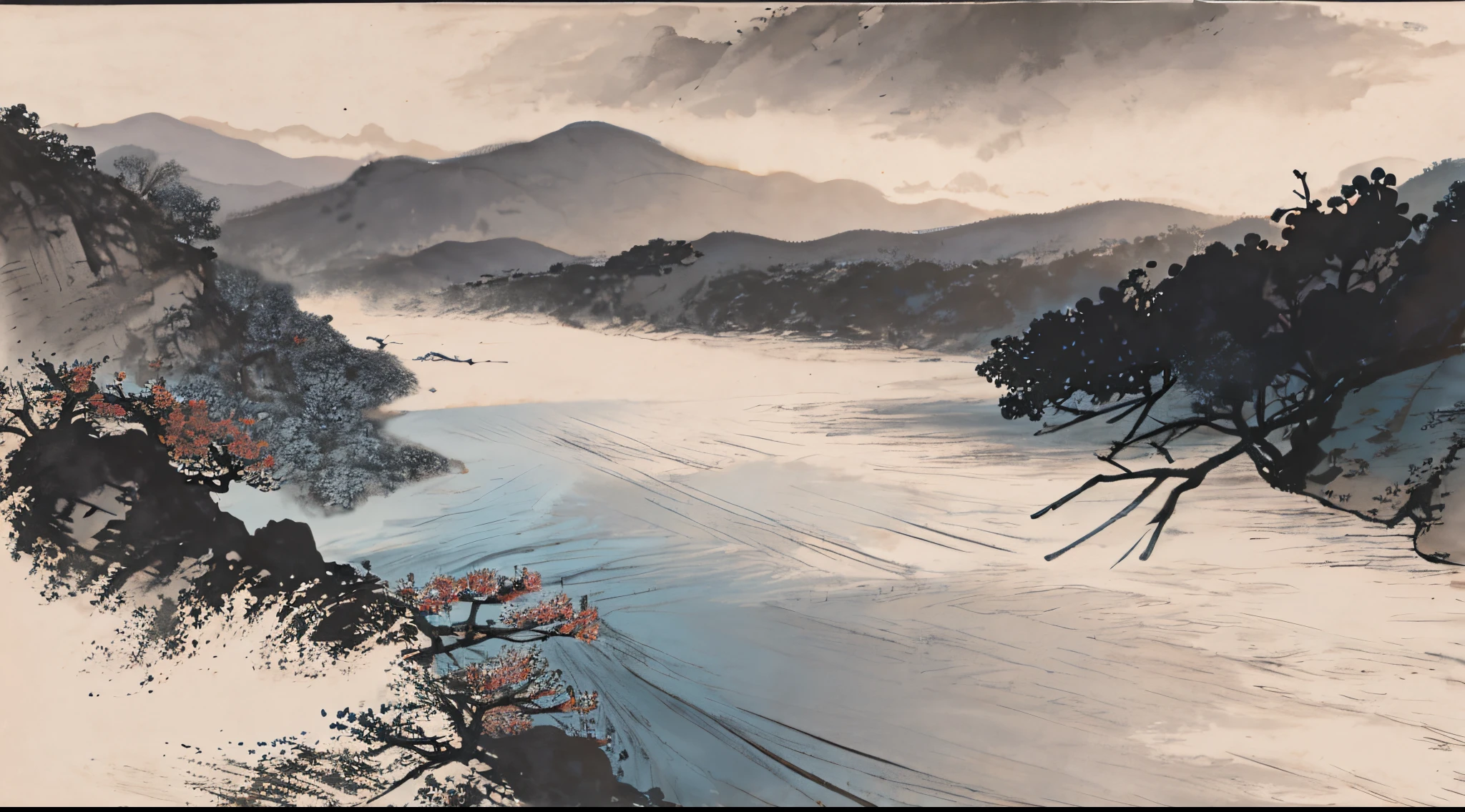 Chinese landscape painting，river water，billows，spray，（without humans）