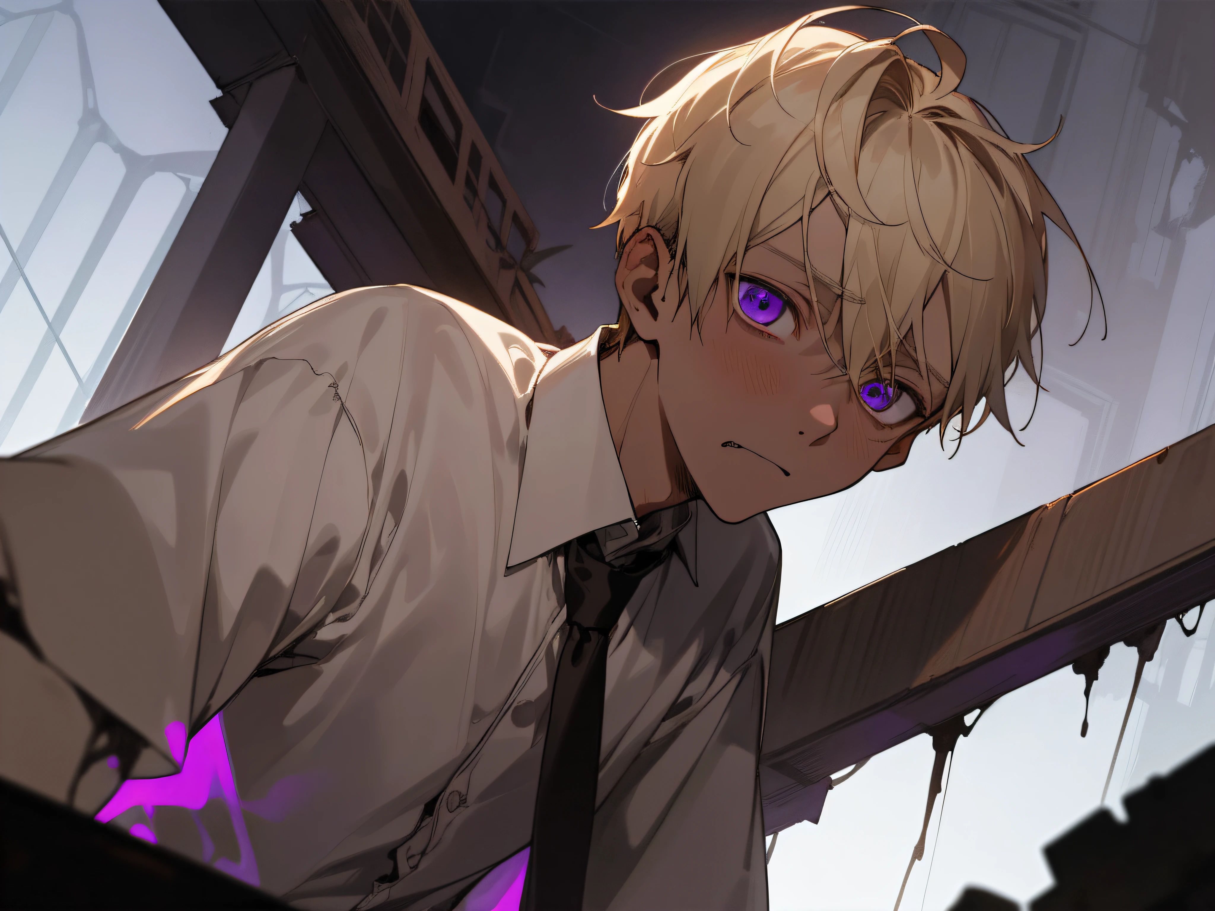 23 year old male,1 boy、a blond、tie and shirt,Eyes are purple、Depression,skin tone brown color,From below,Angle from below,Sad,a scared look,Dimly lit ruins in the background,up on the face
