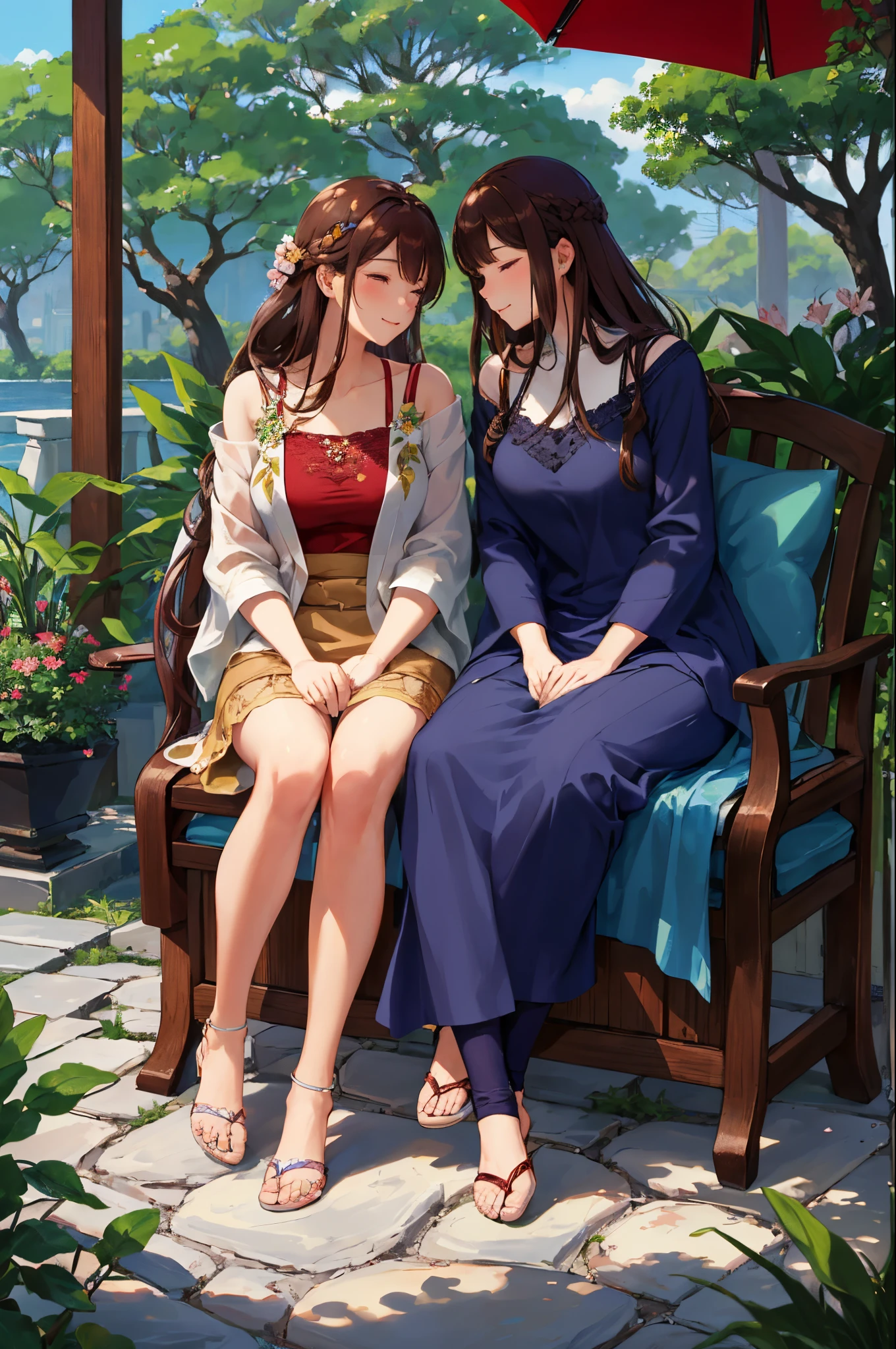 masterpiece, best quality, ultra-detailed, illustration, 2women, yuri, garden, date, romance, love, affection, intimacy, tenderness, caring, sweet, cute, beautiful, stunning, gorgeous, stunning, breathtaking, spring, flowers, blooming, blooms, petals, colors, shades, hues, shades, vibrant, vibrant, lush, verdant, foliage, plants, greenery, trees, bushes, shrubs, grass, lawn, path, walkway, bench, seat, seating, tables, chairs, parasol, umbrella, shade, shelter, protection, comfort, relaxation, leisure, enjoyment, fun, happiness, joy, contentment, peaceful, tranquil, serene, calm, quiet, tranquil, idyllic, picturesque, charming, romantic, lovey-dovey, amorous, (brown hair:1.1), single braid, bangs, tareme,