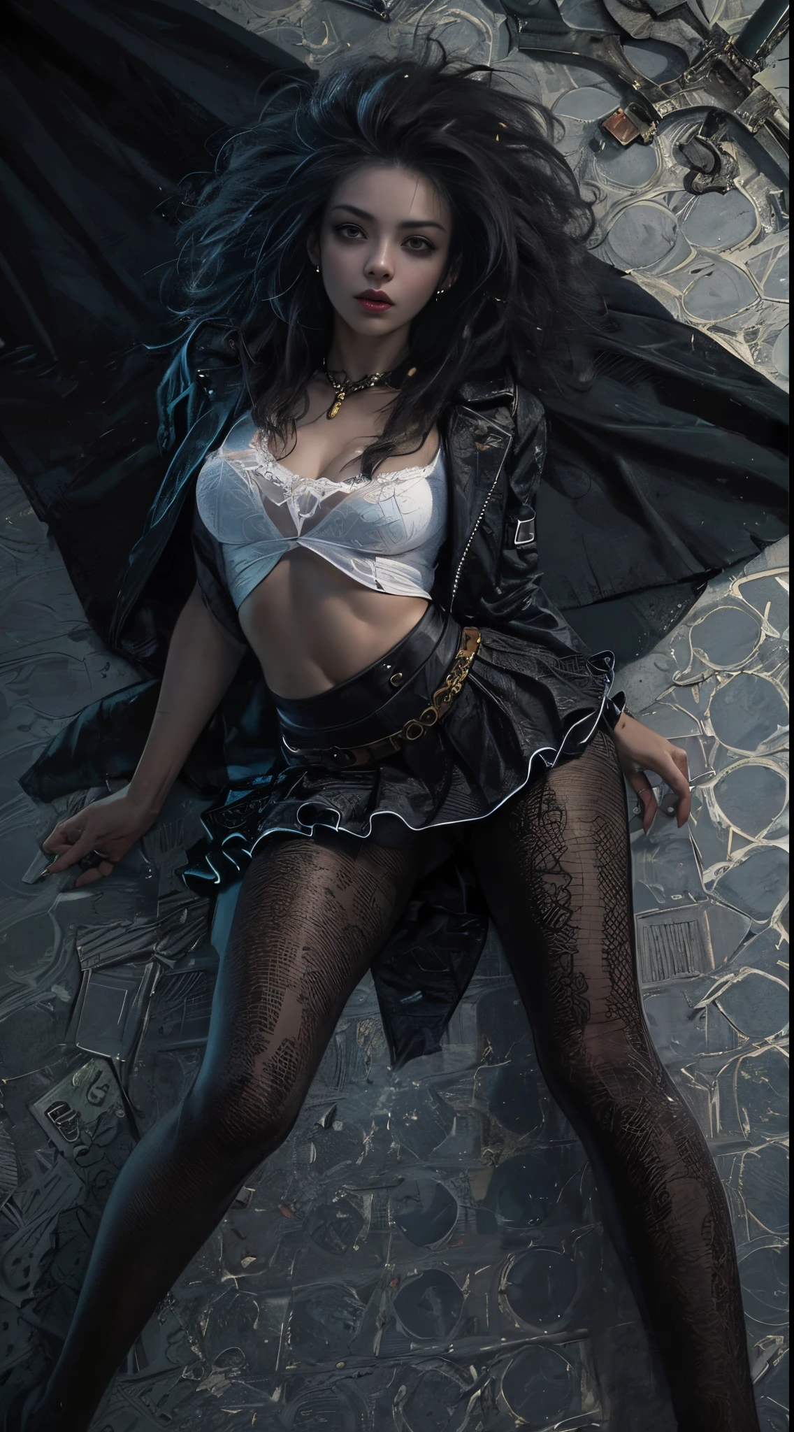 (best quality, 4k, 8k, highres, masterpiece:1.2), ultra-detailed, (realistic,photorealistic,photo-realistic:1.37), gorgeous light skin black woman, vampire, seductive gaze, gothic background, sensual beauty, gothic fashion, ripped black gothic miniskirt, torn clothes, (((patterned pantyhose))), (((small breasts))),dark colors, moody lighting, full body pose, (((crawling on knees))), (((full hips)))