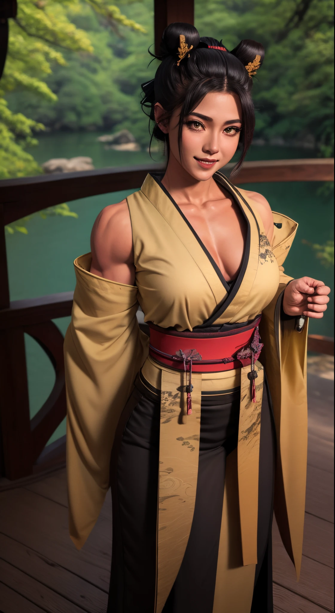 Masterpiece, highlydetailed, Hyperrealistic, HD fullbodyshot of beautiful geisha female with blond bob-cut, hair-bun, hairpins, wearing a falloff shoulders tiger-kimono showing clivage, holding Japanese umbrellaon shoulder, wearing high geisha footwear, perfect face features with seductive look and charming smile, perfect body shape curvy, thick and muscular body, oni horns