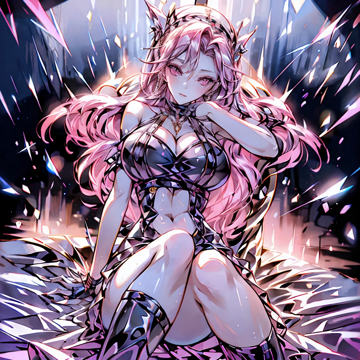 There is a woman sitting on a bed wearing a pink wet lingerie, red-haired girl, beautiful red-haired woman, red-haired woman, young red-haired girl, short bright red hair, red hair and attractive features, Yor Briar, ((Spyxfamily)), red-haired girl, redhead, beautiful woman, posing in bed, red head, with short red hair, posing in a room, perfect busty body, perfect arms, perfect legs, perfect face, seductive and attractive eyes, masterpiece, red eyes, beutiful eyes seductive eyes