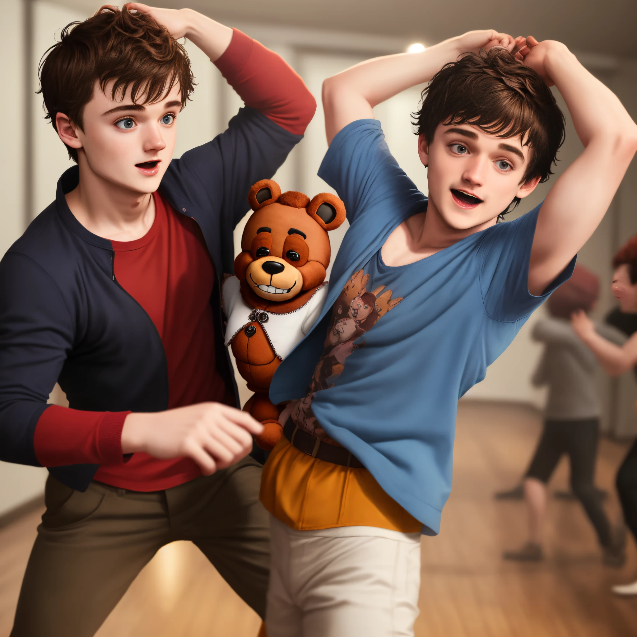 Josh Hutcherson dancing with Freddy Fazbear