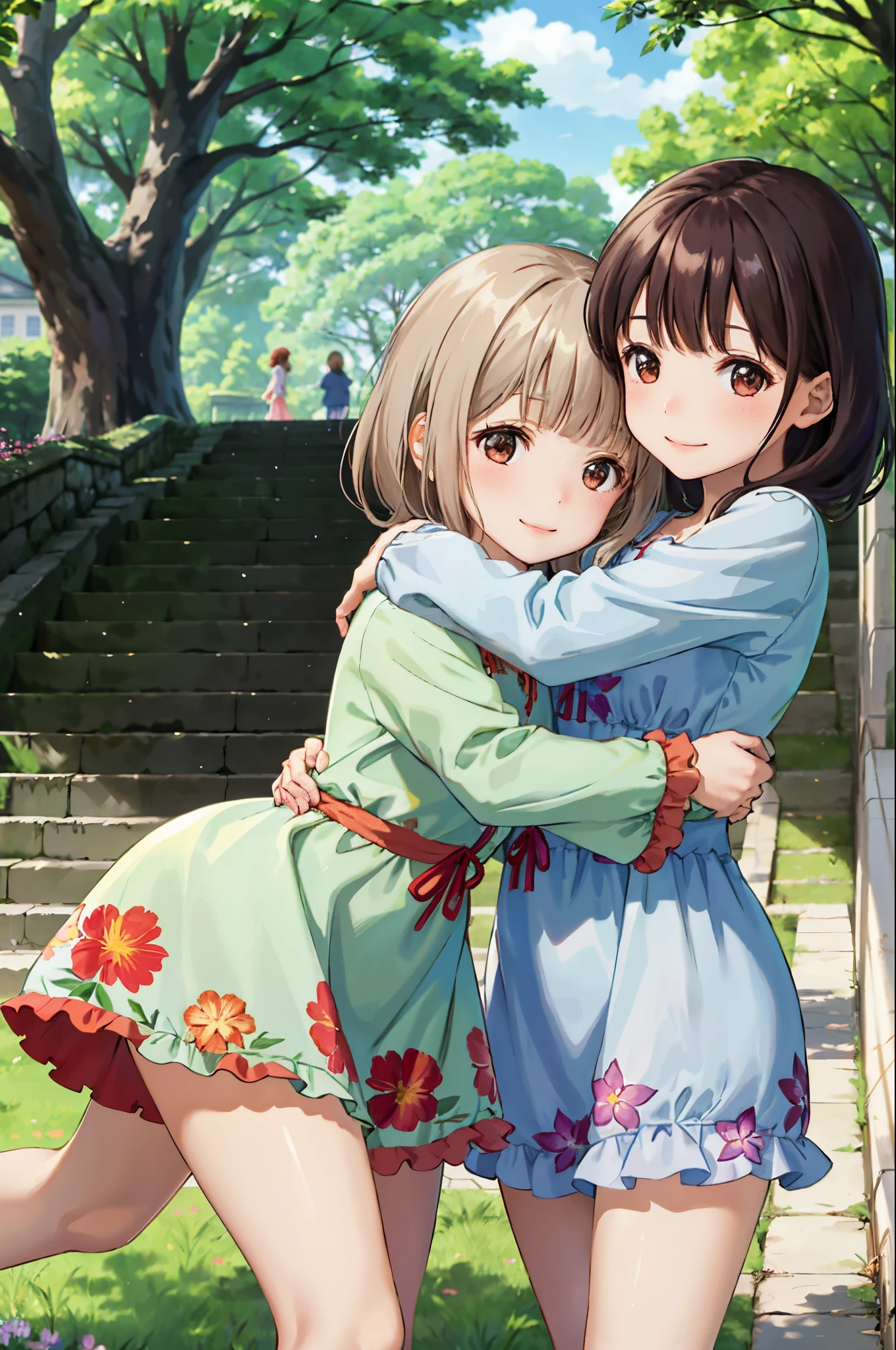 Three girls，Snuggle up to each other，Afternoon in the sun，Wearing a floral dress，Small park downstairs for residents，A half-covered smile，jumpping、hugs、Hand in hand，Happy atmosphere，Depth of field，Ray traching