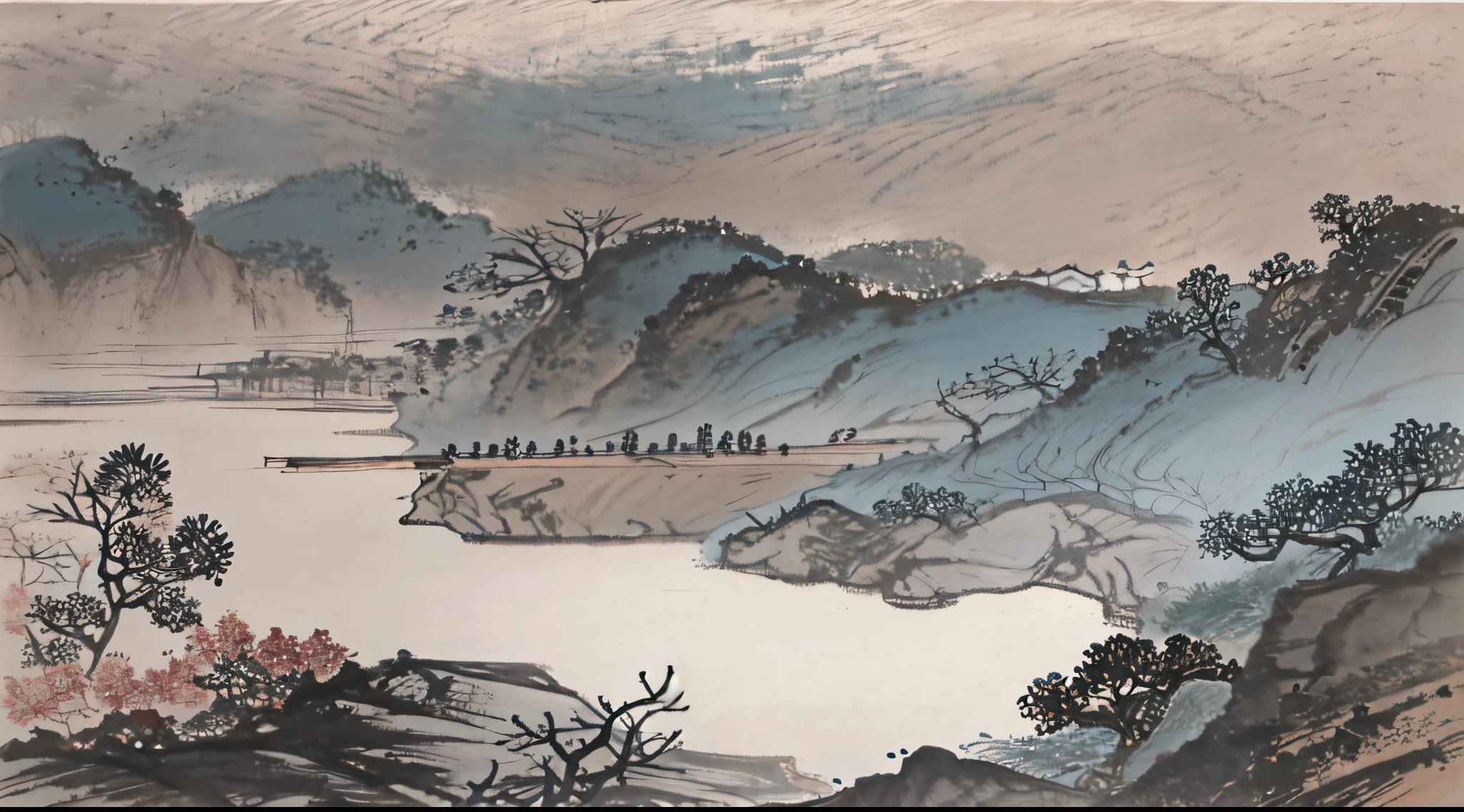 There is a painting of the river,There is a boat inside, Chinese landscape, Traditional Chinese Ink Painting, Chinese style painting, Chinese painting style, Traditional Chinese painting, Chinese ink painting, sumi - e art, Chinese watercolor style, China ink painting, Traditional Chinese watercolor, Detailed scenery —width 672, sumi-e, sumi - e, in a serene landscape