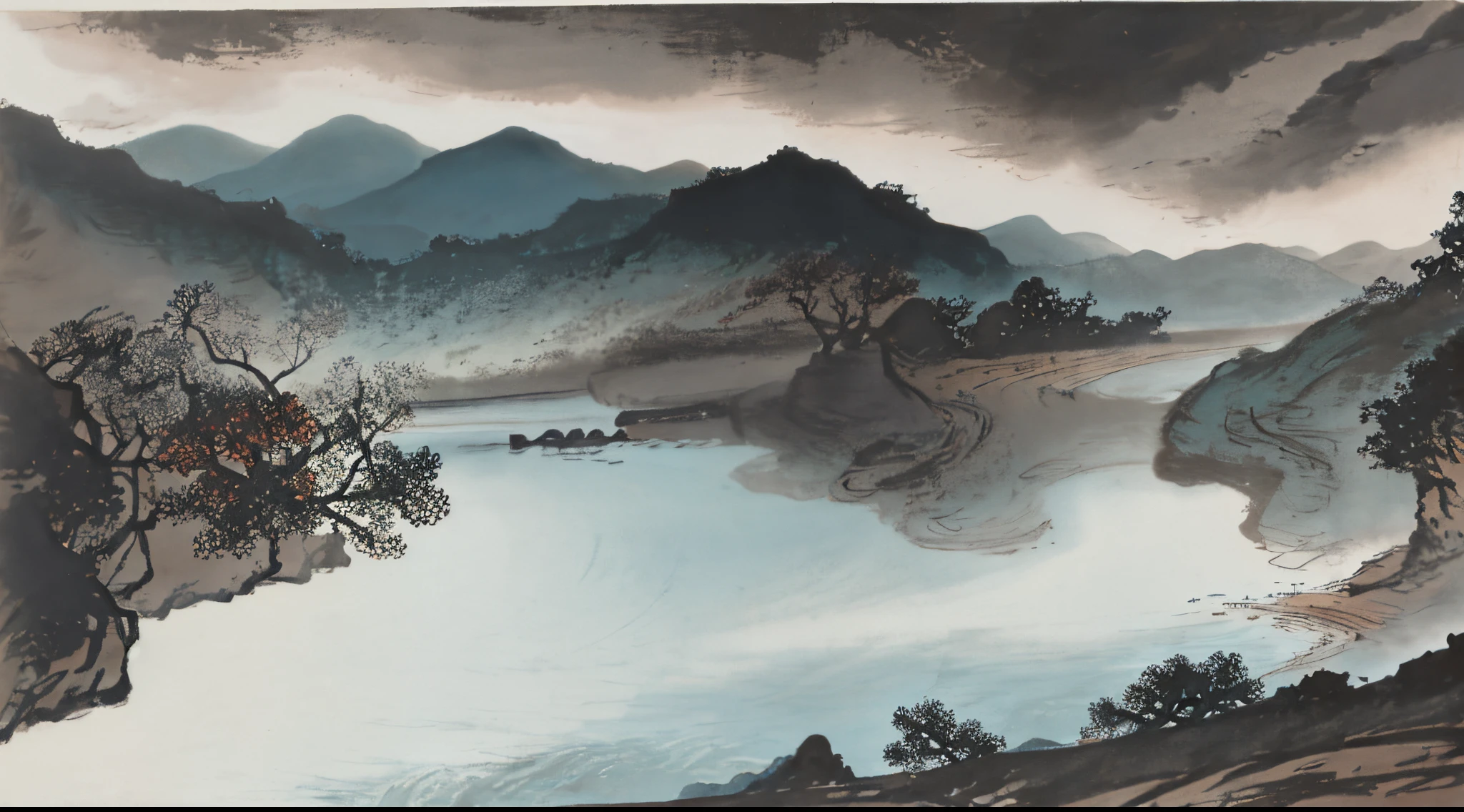 Chinese landscape painting,river water,Water streaks,(without humans)