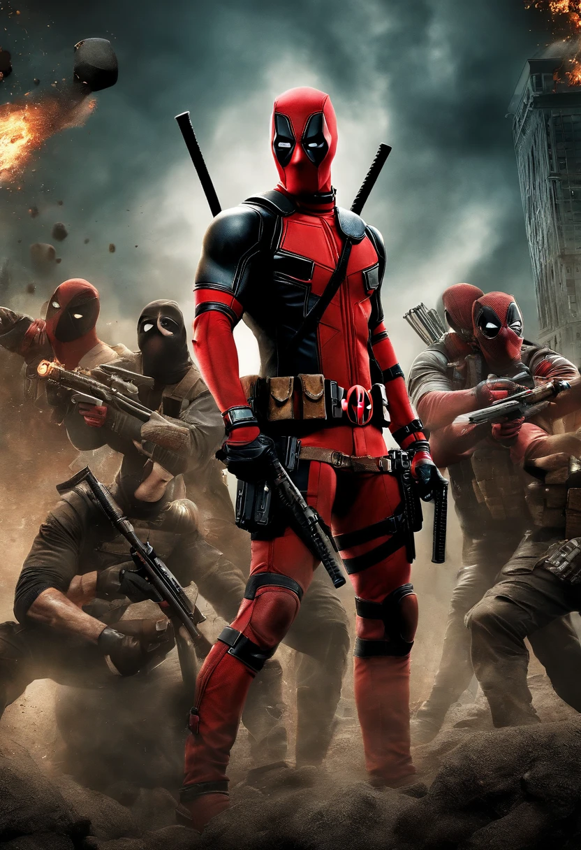 Deadpool leading a group of superheroes in an intense game of paintball,Deadpool,Deadpool, the unconventional anti-hero from Marvel Comics, is known for his distinctive red and black suit, complete with a mask that covers his entire face, hiding his disfigured skin caused by advanced cancer and experimental healing factor. His appearance is athletic and agile, suitable for his acrobatic fighting style.