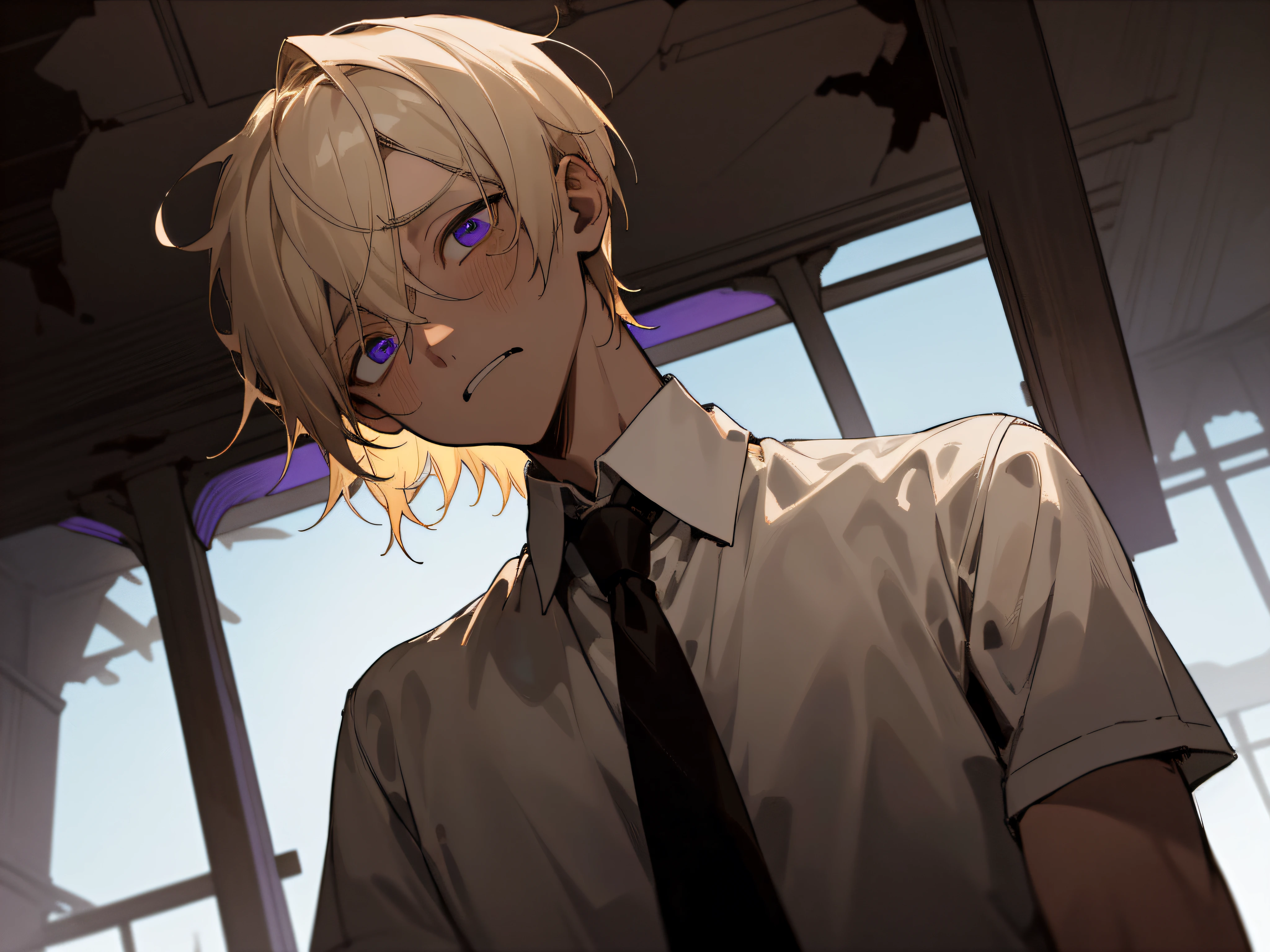 23 year old male,1 boy、a blond、tie and shirt,Eyes are purple、Depression,skin tone brown color,From below,Angle from below,Sad,a scared look,Dimly lit ruins in the background,up on the face