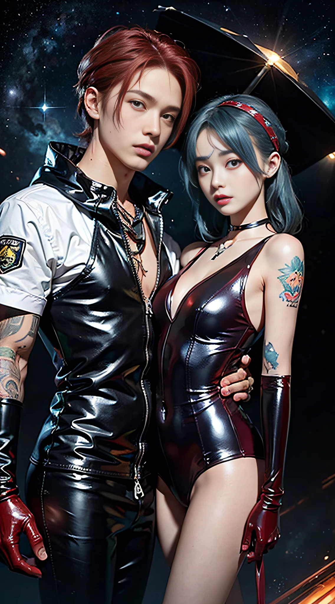((masterpiece:1.4)、(top-quality:1.4)、(reallistic:1.7))、masuter piece:1.4、Beautiful Girl Dirty Pair、(Beautiful Girl Space Investigator Dirty Pair:1.4)、Kei and Yuri space investigator duo、two investigators, Kei and Yuri stand side by side.、(hold a gun:1.2)、Body Fit Sexy Investigator Duo Uniform、(Glossy luxury latex:1.4)、(White Sleeveless Uniform Jacket)、(Underwear Red Sexy Super Ultra Bikini)、(Luxury Red Latex:1.4)、age19、(Cute tattoos:1.4)、(Wearing white gloves)、(Two cute girls:1.4)、Super beauty、foco nítido、Portrait photos、(Perfect female body:1.4)、perfectly proportions、Sexy couple、Upper body photography:1.4、beautiful countenance、beautidful eyes、Narrow waist、beauty legs、(Kei has red hair and wears a bandana........:1.4)、(Lilies have blue hair:1.4)、(length hair:1.2)、Beautiful udder、large full breasts:1.2、Sexy ass、Raw photo、red-lips、Red high heels:1.4、a choker:1.4、a necklace:1.4、耳Nipple Ring:1.4、1 screen display、cyberpunkcity:1.2