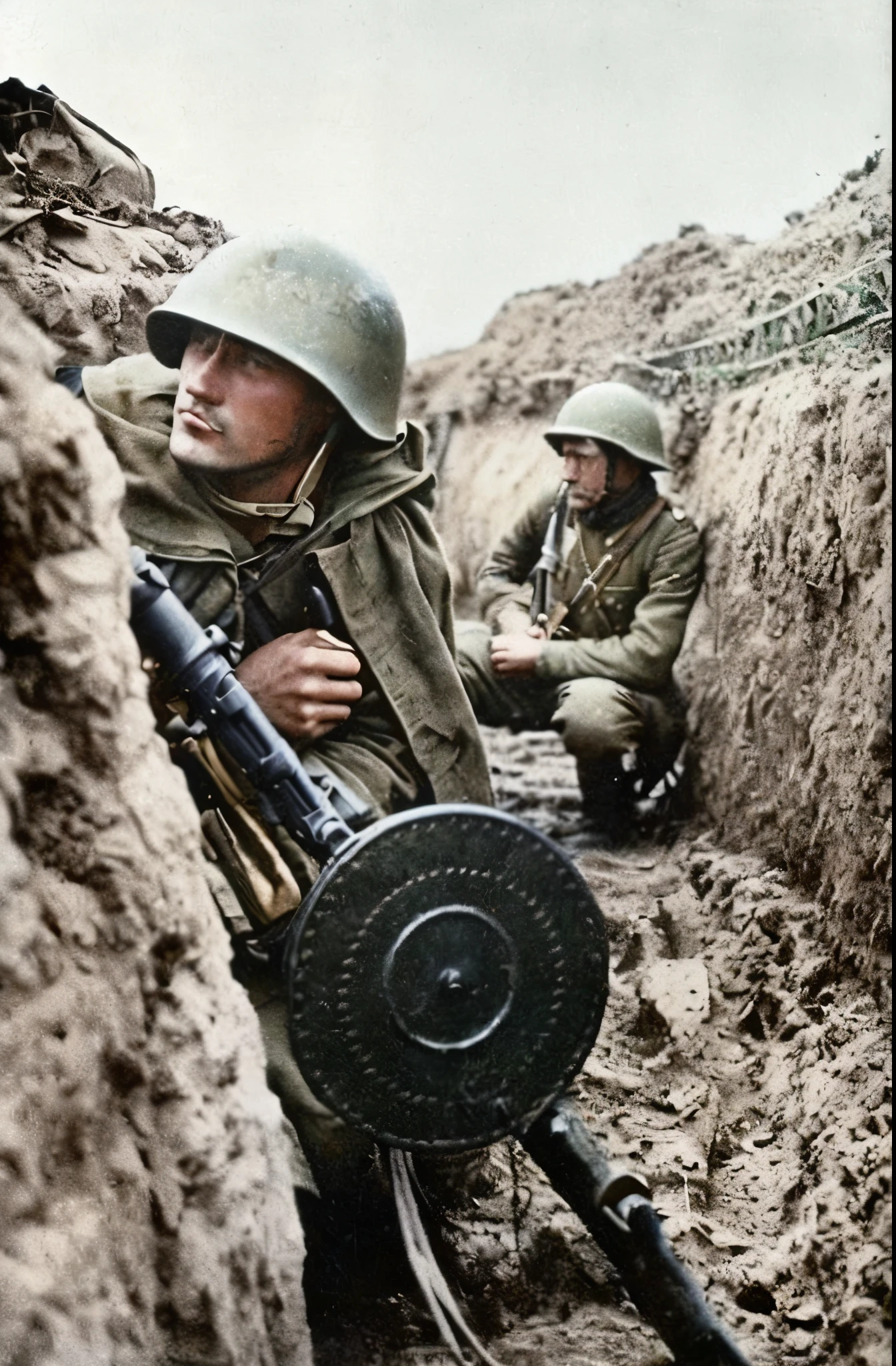 soldiers in a trench with a machine gun and a machine gun, german and soviet soldiers, award winning colorized photo, colourized, in trenches, ww2 historical photography, ww 2 historical photography, russian ww 1, colourised, soviet military, a colorized photo, eastern front, colorized, by Béla Kondor, colorized photograph, wearing russian ww 1 clothes