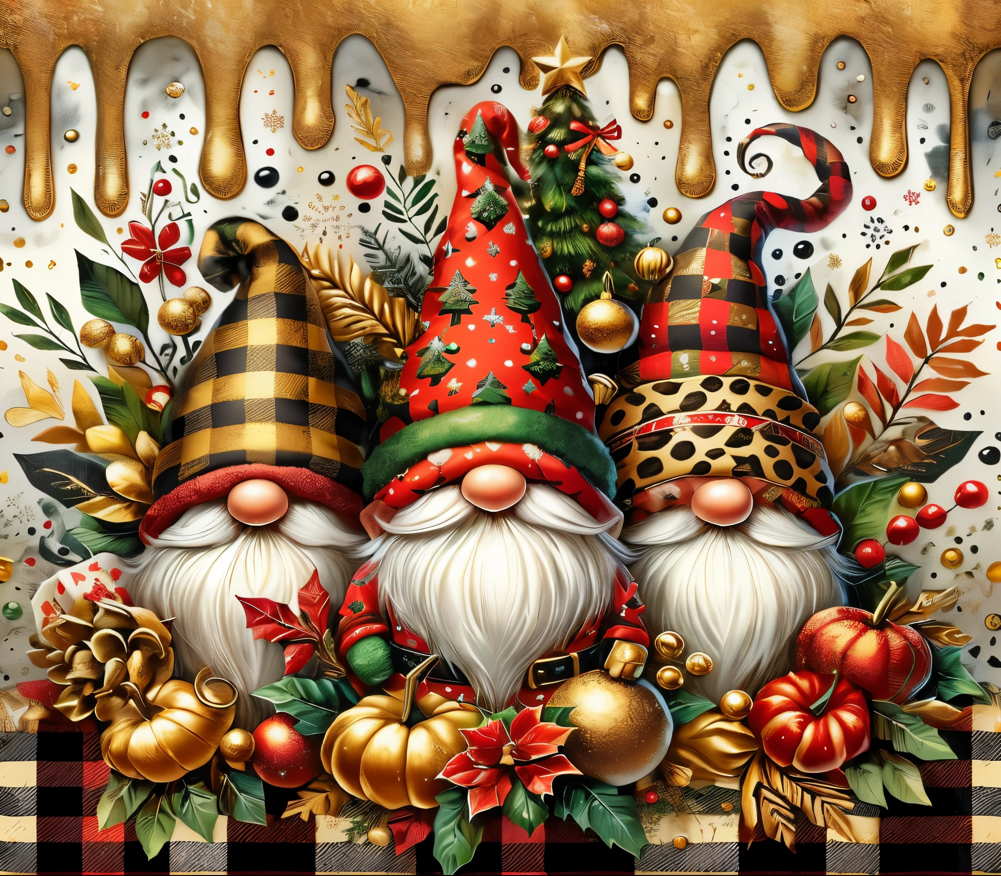 a painting of three gnomes with christmas decorations on a table, holiday season, elves, festive colors, whimsical art, artwork, three dwarf brothers, fancy, elves sitting on the couch, 1 6 x 1 6, by Itshak Holtz, red black white golden colors, cute detailed artwork, santa's workshop, gnome, autumn season, 3 woodland critters