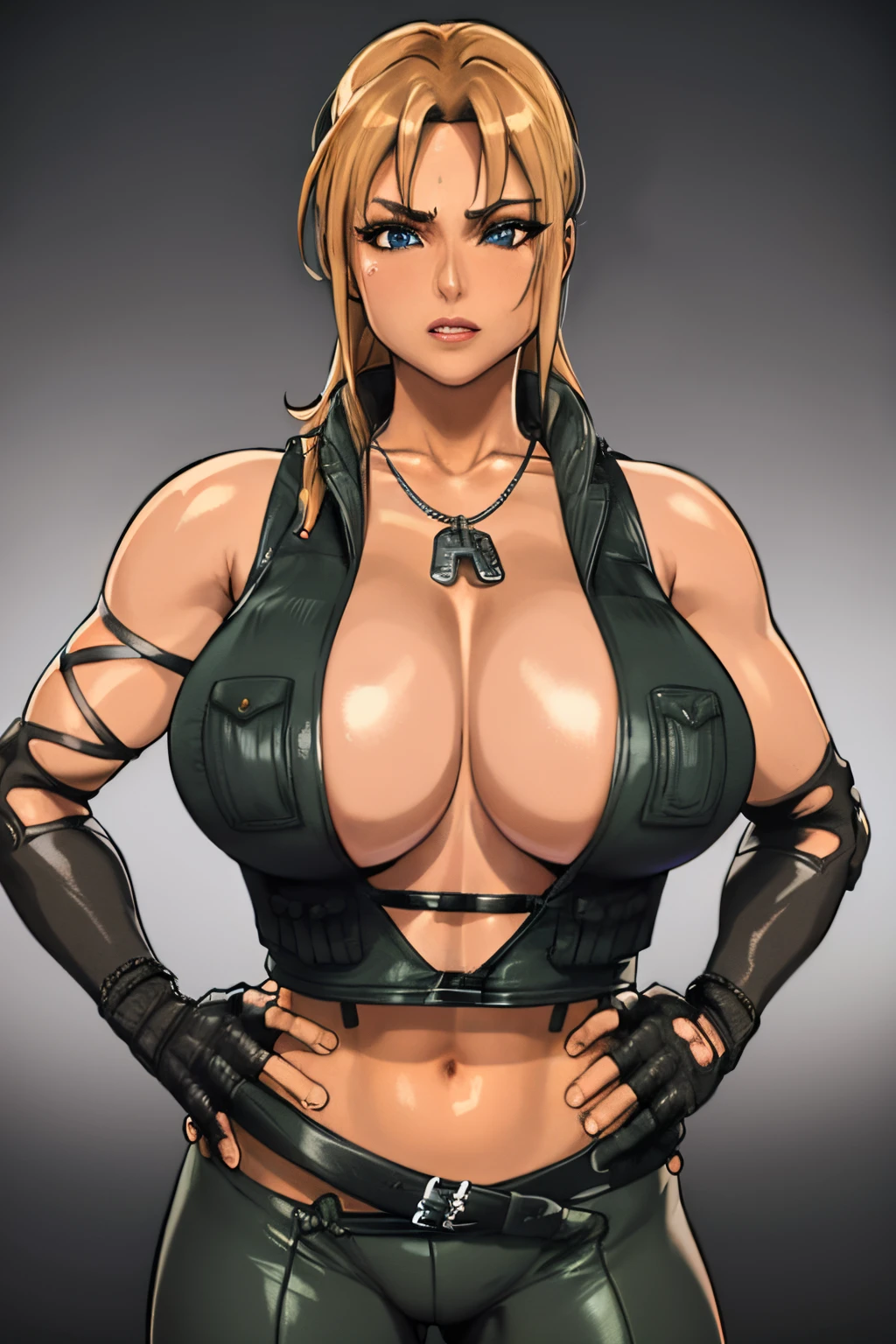 8k, best quality, intricate details, ultra-detailed, ultra highres, depth field, ,masterpiece  ((sonyablade)), european woman, cleavage, wearing a jacket, fingerless gloves, hand on hips, ((huge breasts: 1.4)),crop top, highly detailed eyes, blue eyes, blonde hair, blue eyes, sleeveless, solo, warehouse,((upper body: 1.3)), leather pants, best quality, (intricate details:1.2), (delicate detailed), , clear line, sharp focus, detailed face unity 8k wallpaper, ultra high res, looking at viewer,