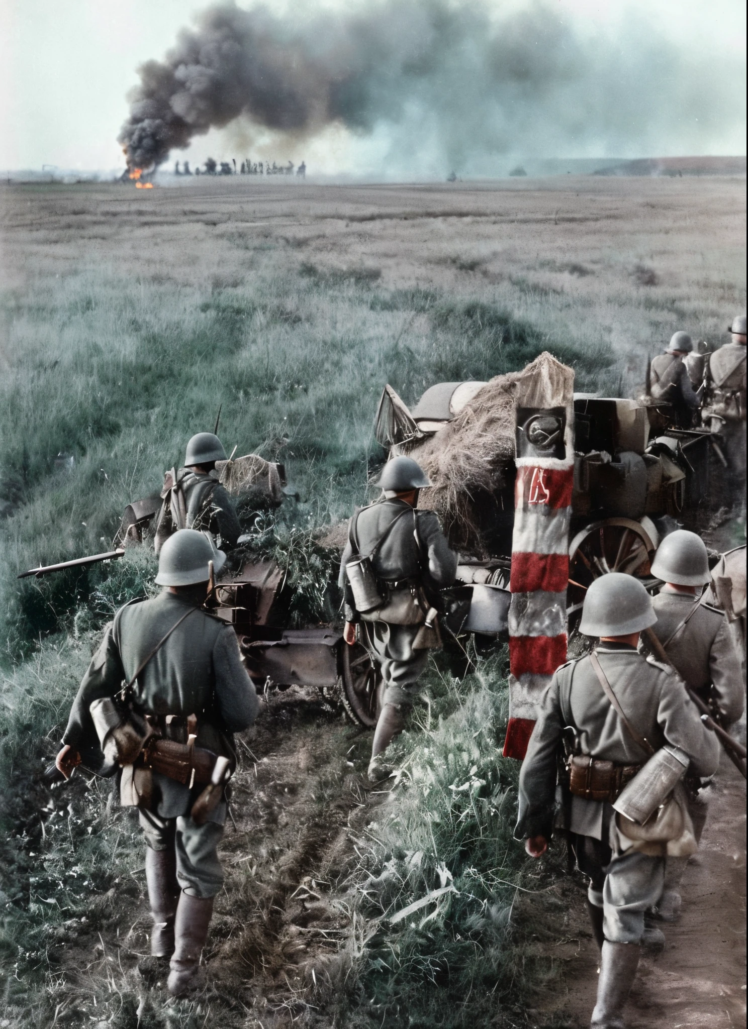 soldiers are standing in a field with a fire in the background, colourized, colourised, award winning colorized photo, colorized photograph, ww2 historical photography, colorized, ww 2 historical photography, colorized photo, soldiers charging in, a colorized photo, colorized 1 9 0 4 photo, by Rudolf Freund, war photo, ww1 film photo