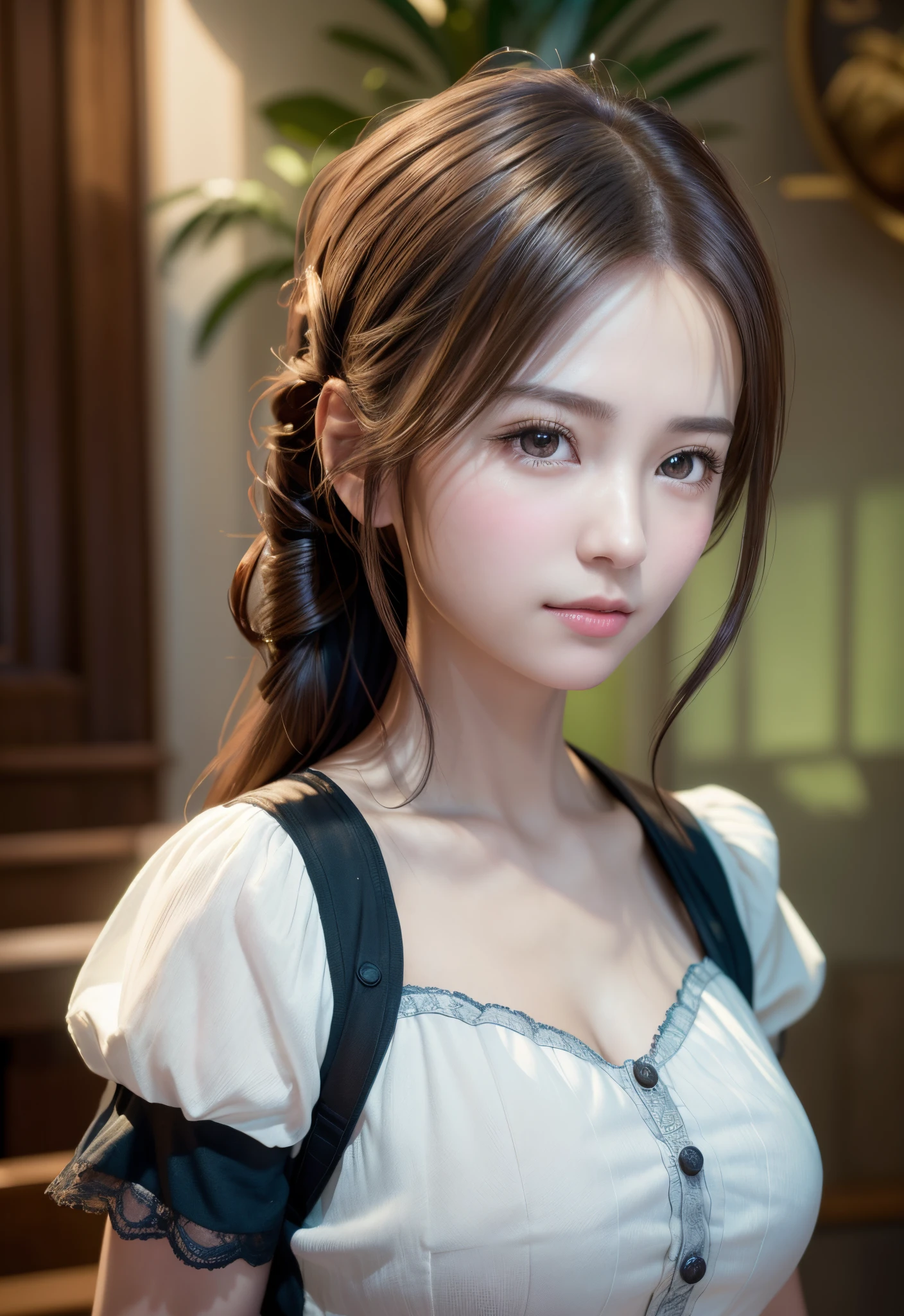 8K, of the highest quality, masutepiece:1.2), (Realistic, Photorealsitic:1.37), of the highest quality, masutepiece, Beautiful young woman, Pensive expression,、A charming、and an inviting look, Cute Maid Clothes, Hair tied back, Cinematic background, Light skin tone