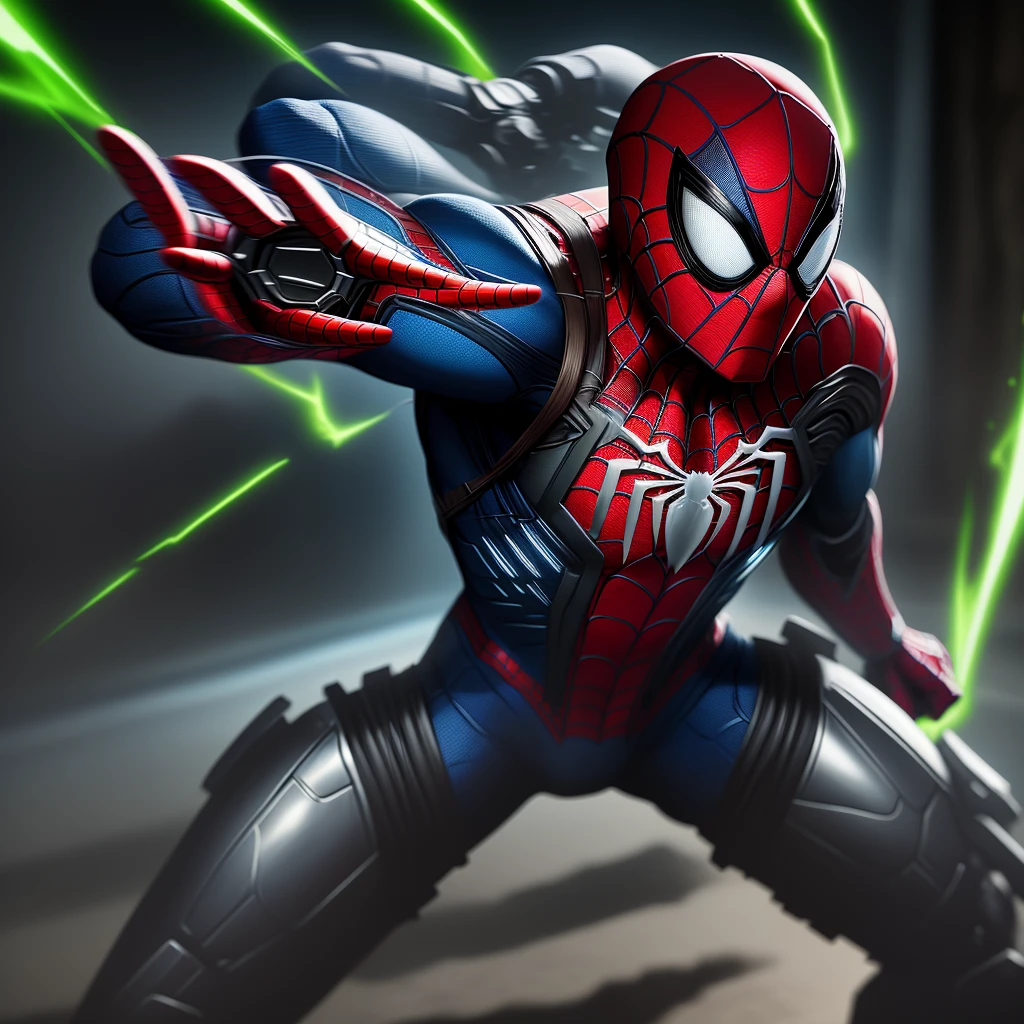 Cybernetic Spider-Man with cutting-edge technology fighting green sick man , imagem em 4k