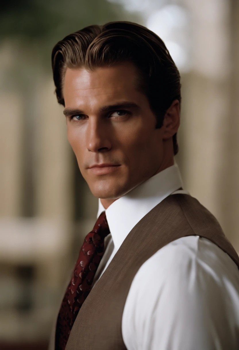 A close-up photo of a rare vintage firearm with intricate engravings,American Psycho (2000 film),Patrick Bateman, the protagonist of “American Psycho,” is depicted as a quintessential 1980s Wall Street yuppie with a polished appearance: slicked-back hair, a chiseled, handsome face, and an impeccable wardrobe that underscores his obsession with status and material success. His physique is well-maintained with rigorous exercise, reflecting his vanity and concern with external perceptions.