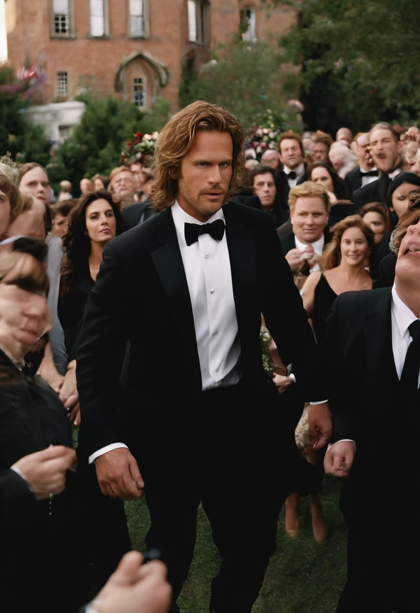 A photo of him wearing all black, sneaking into a funeral procession with a mischievous grin on his face, while mourners look on in shock and confusion.,Wedding Crashers (2005),Chazz Reinhold, a character in “Wedding Crashers,” is portrayed as an eccentric and over-the-top individual, embracing an extreme lifestyle of crashing events. He has a disheveled appearance, often seen in casual and somewhat out-of-date clothing, reflecting his disregard for social norms and conventions. Chazz’s long, unkempt hair and scruffy facial hair add to his unconventional and carefree image.