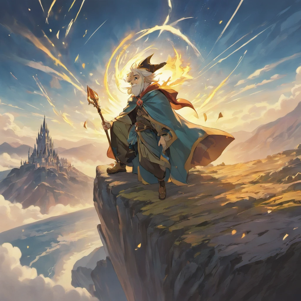 Fantasy artistic image of a wizard on top of a rock,Enjoy stunning views of mountains and dragons in the sky, 4k super detail