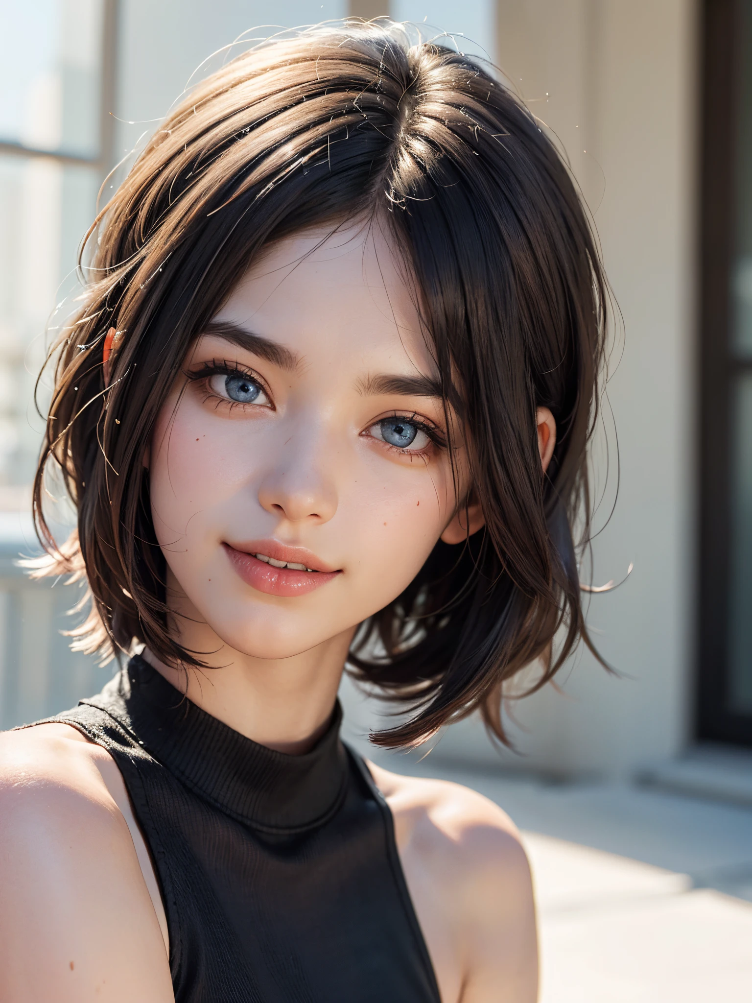 (best quality, 4k, 8k, high-res, masterpiece:1.2), ultra-detailed, (realistic, photorealistic, photo-realistic:1.37), (beautiful detailed eyes, beautiful detailed lips, extremely detailed eyes and face), studio lighting, physically-based rendering, vivid colors, (two-tone color, black & white), (tank top), (portrait, bob cut, shiny hair, shiny skin), (blurred background), (tilt your head to the side:1.5), (cackle:1.2),