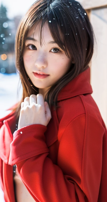 ((( masterpiece ))), (((best quality))), ((ultra-detailed)), (photo), ((an extremely delicate and beautiful)),high resolution, 1girl, 25 years old, japanese beautiful girl, (small breasts), ((plump full lips)), (wavy hair),(short hair), ((one smale mole under the eyes)), (detailed eyes),(detailed facial features), (detailed arms),(detailed fingers),(detailed legs), (((full body))) , snowscape, ((blush)),(((red coat))), ((film grain)), ((single-lens reflex camera)), ((35mm lens focal length))