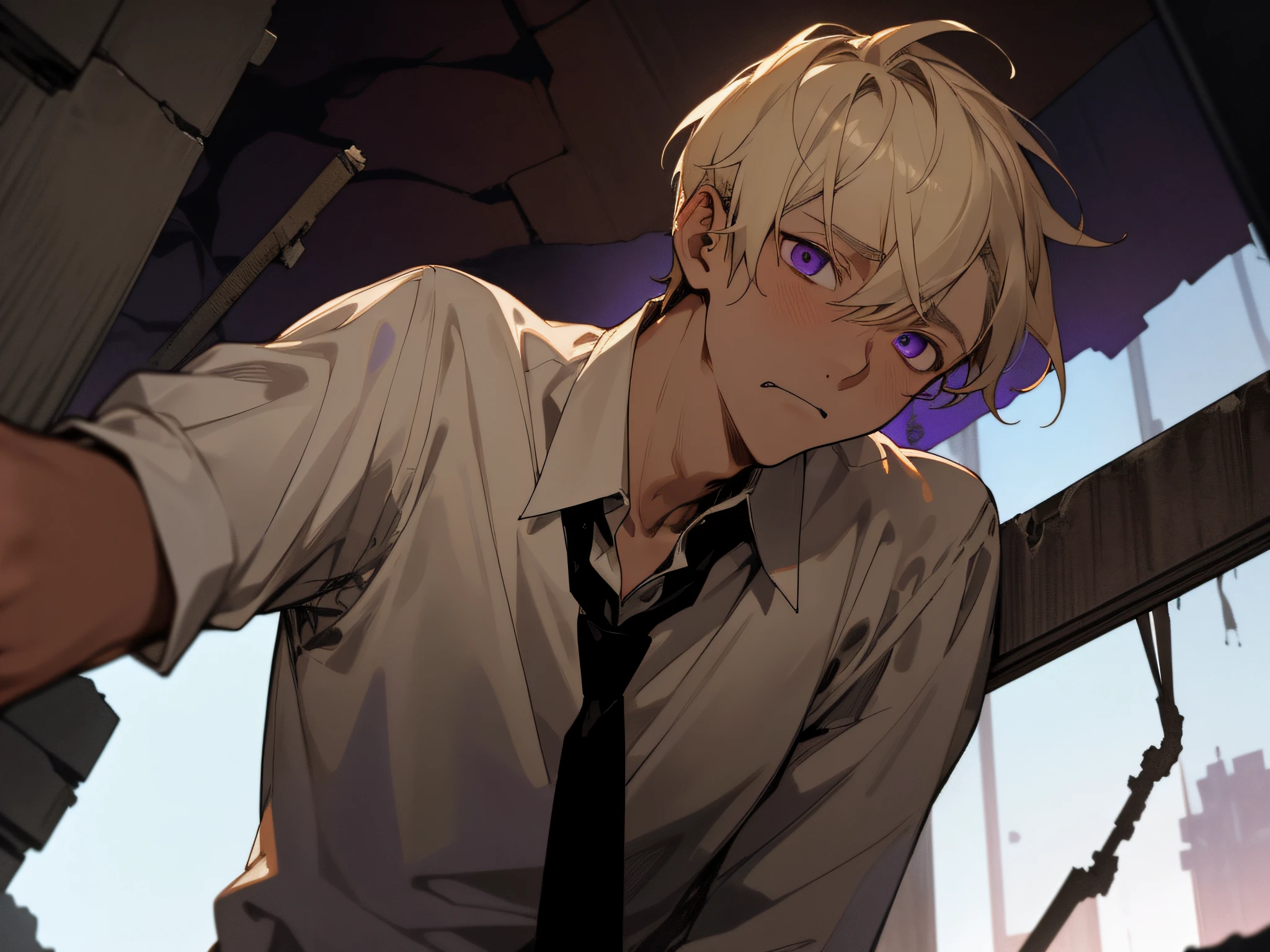 23 year old male,1 boy、a blond、tie and shirt,Eyes are purple、Depression,skin tone brown color,From below,Angle from below,Sad,a scared look,Dimly lit ruins in the background,up on the face