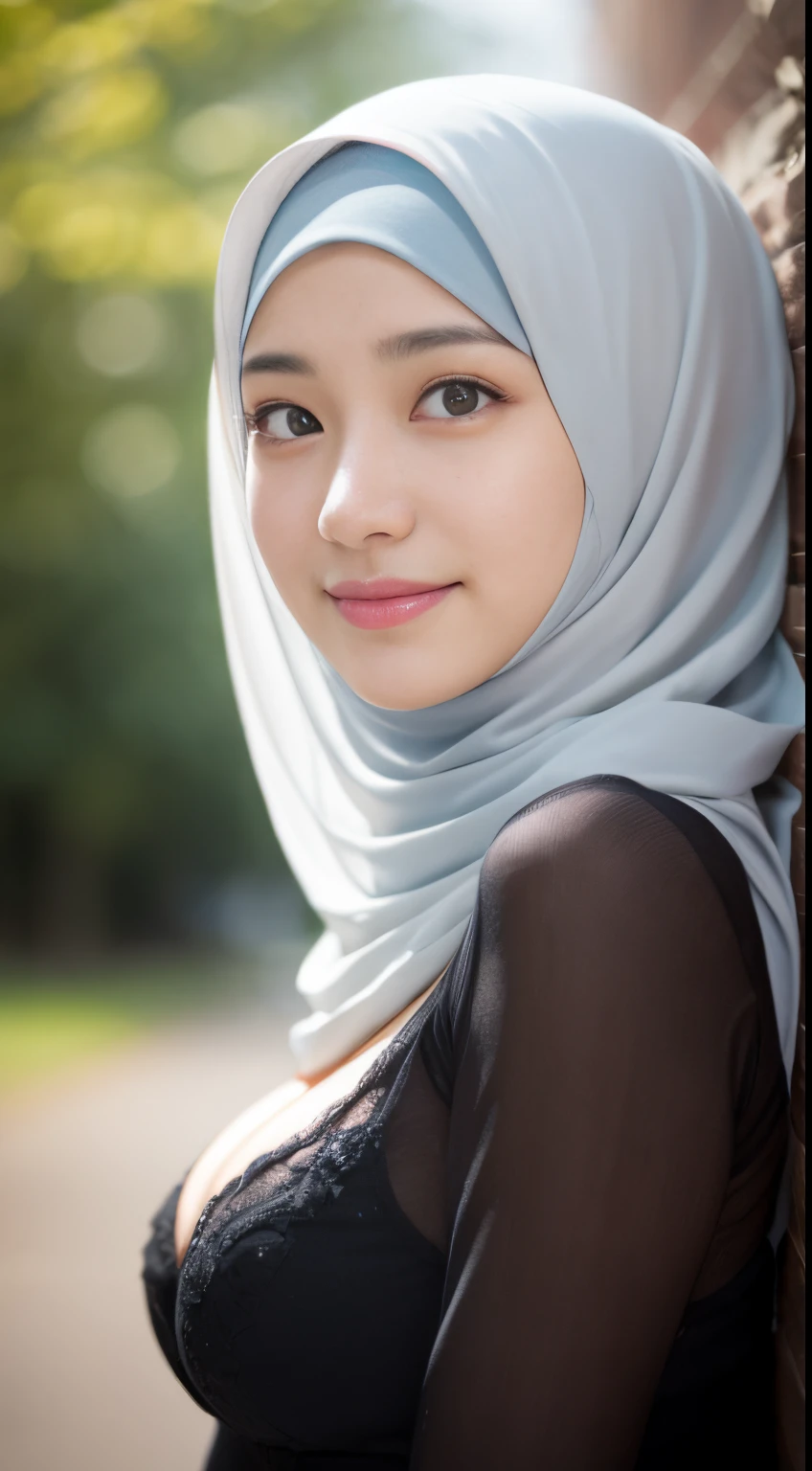 harem, cleavage, (((hijabi))), masterpiece, best quality, 8k, 18yo, , raw photo, absurdres, award winning portrait, smile, smile, solo, night, neon, idol face, violaceaess, gardeniass, delicate girl, upper body, DSLR, looking at viewer, candid, sophisticated, youthful, thin arms, professional lighting, film grain, chromatic aberration, (detailed eyes and face:1.0), (bokeh:1.1)
