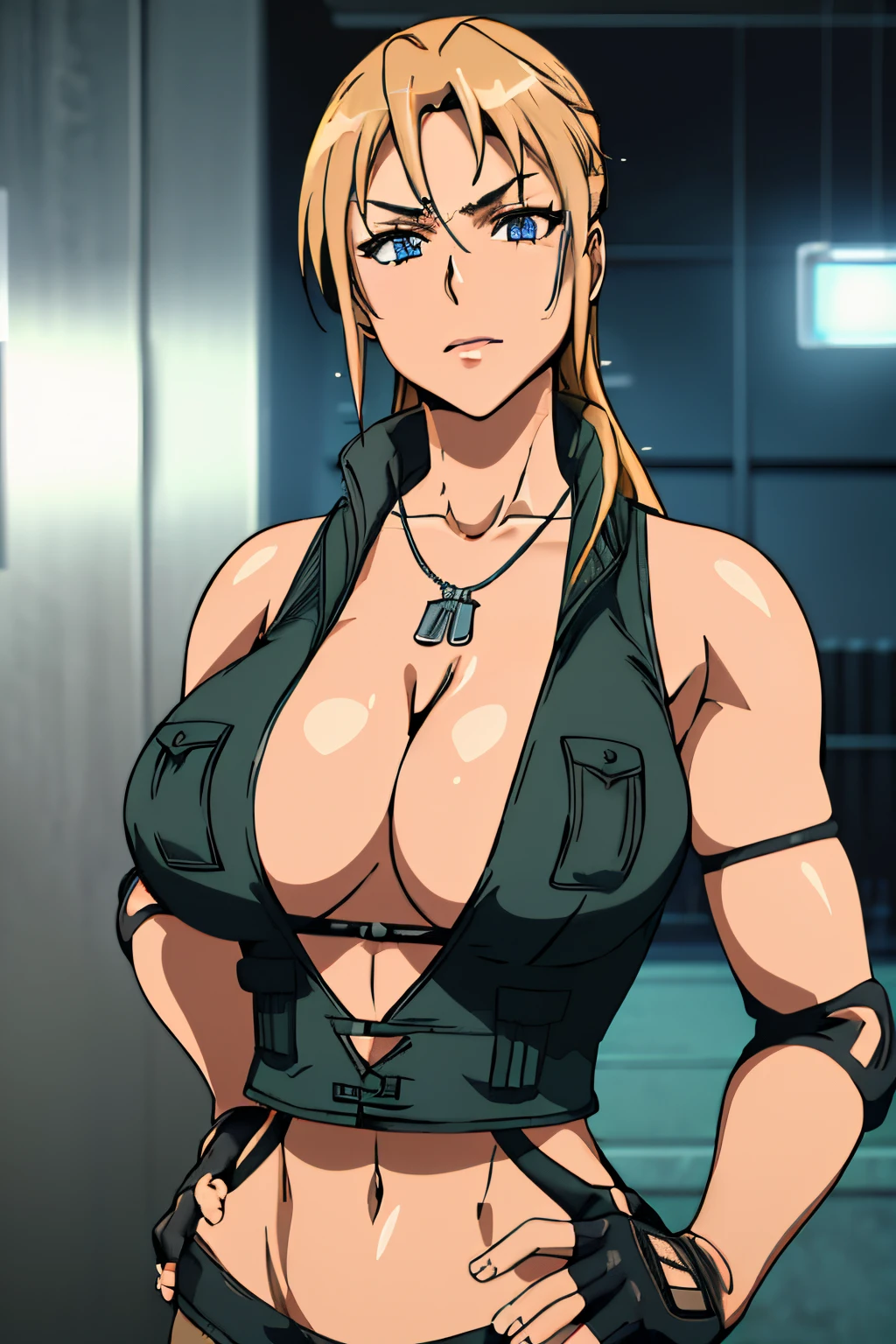 8k, best quality, intricate details, ultra-detailed, ultra highres, depth field, ,masterpiece  ((sonyablade)), european woman, cleavage, wearing a jacket, fingerless gloves, hand on hips, ((huge breasts: 1.4)),crop top, highly detailed eyes, blue eyes, blonde hair, blue eyes, sleeveless, solo, warehouse,((upper body: 1.3)), leather pants, best quality, (intricate details:1.2), (delicate detailed), , clear line, sharp focus, detailed face unity 8k wallpaper, ultra high res, looking at viewer,