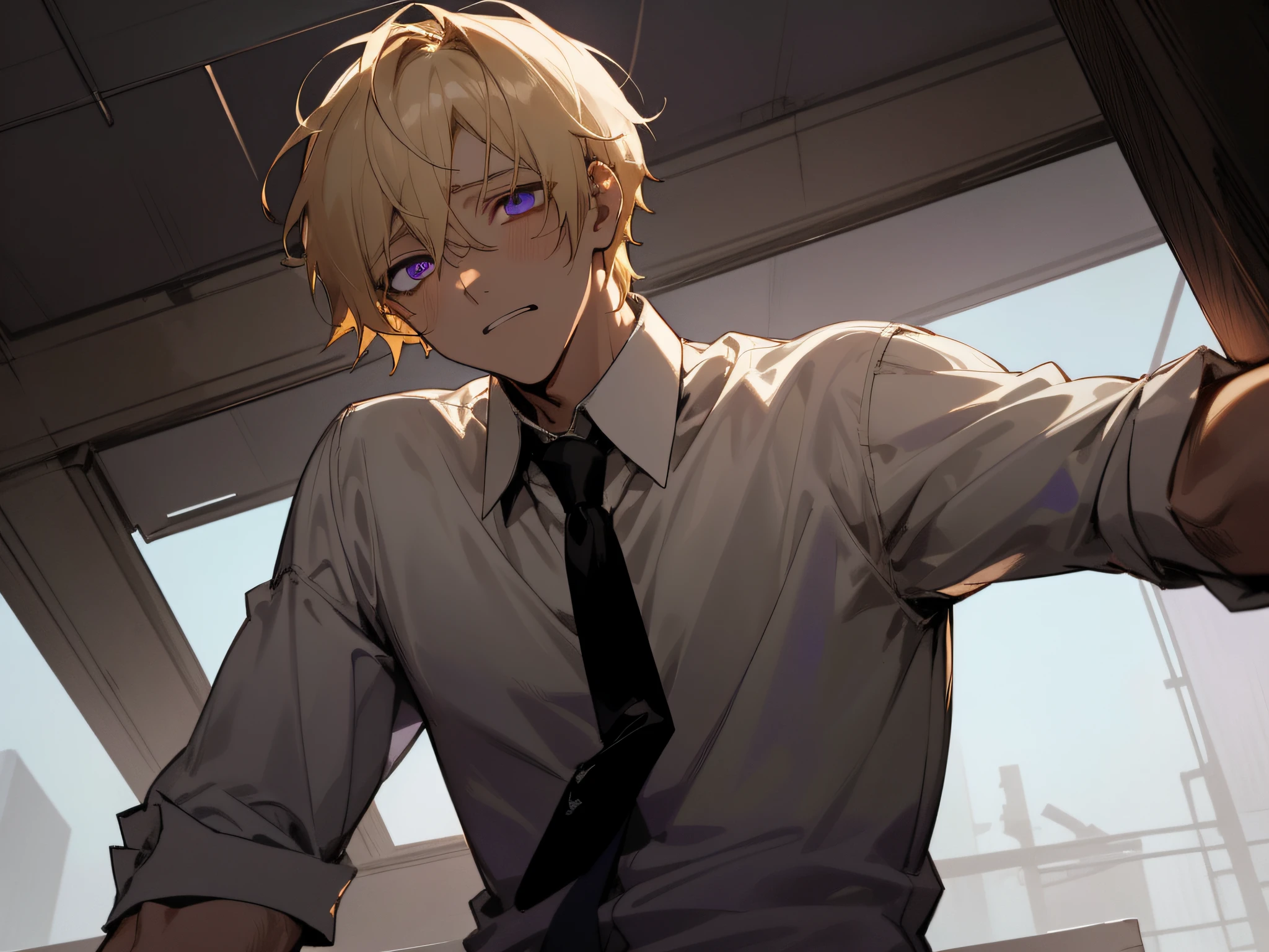 23 year old male,1 boy、a blond、tie and shirt,Eyes are purple、Depression,skin tone brown color,From below,Angle from below,Sad,a scared look,Dimly lit ruins in the background,up on the face