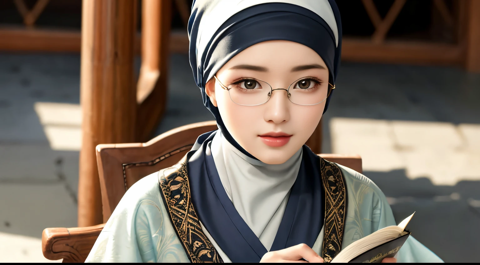 1girl, (Angelie Khang:1.3), solo, beautiful face, high detailed realistic eyes, double eyelids, high detailed realistic pupils, upon body from head to waist, (wearing hijab:1.2), (moslem headscarf:1.2), reading glasses, sitting alone on a long chair at the amazing mosque park