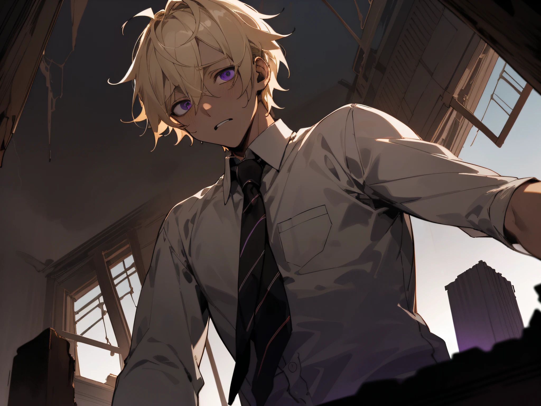 23 year old male,1 boy、a blond、tie and shirt,Eyes are purple、Depression,skin tone brown color,From below,Angle from below,Sad,a scared look,Dimly lit ruins in the background,up on the face