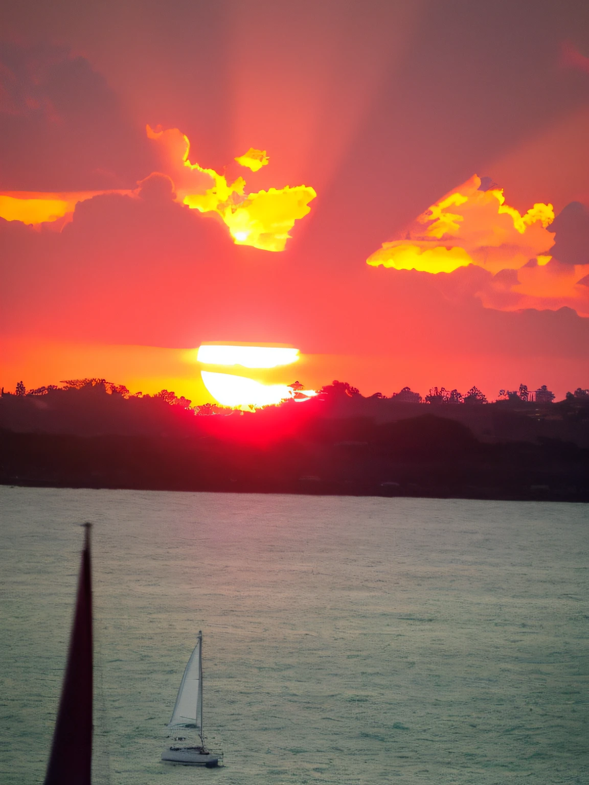 sunset over the ocean with a sailboat in the foreground, sun setting in the background, spectacular sunset, red sunset, real sunset, brilliant sunset, sunset in the distance, sunset in the background, during a sunset, refracted sunset, the most beautiful sunset, sunset red and orange, sun sunset, beautiful sunset, sunset time, red sun over paradise, sunset!!!