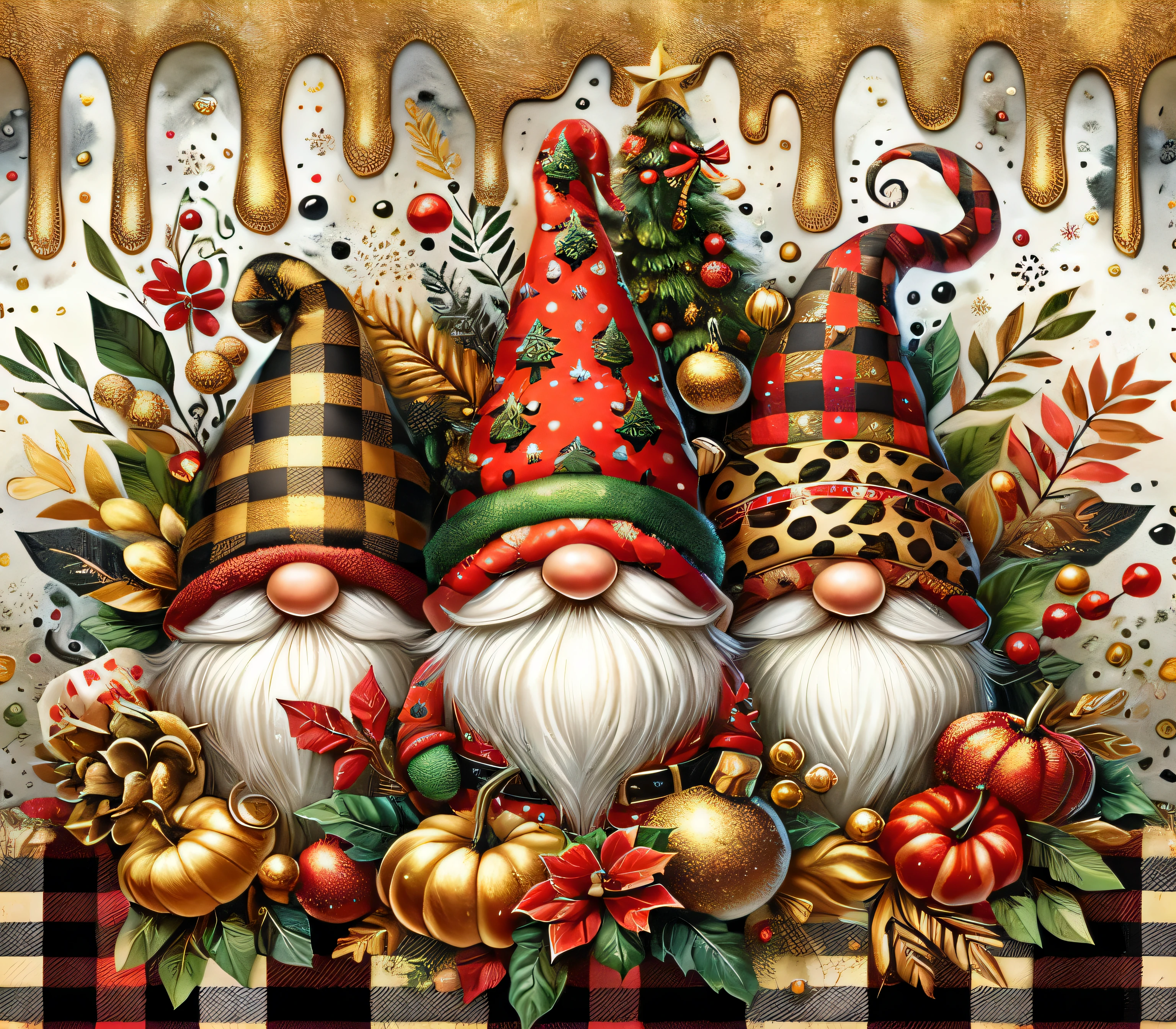 a painting of three gnomes with christmas decorations on a table, holiday season, elves, festive colors, whimsical art, artwork, three dwarf brothers, fancy, elves sitting on the couch, 1 6 x 1 6, by Itshak Holtz, red black white golden colors, cute detailed artwork, santa's workshop, gnome, autumn season, 3 woodland critters